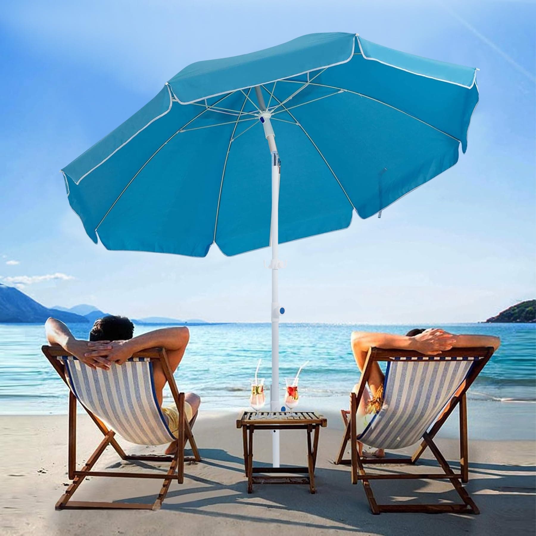 SERWALL 6.5FT Beach Umbrella with Removable Sand Anchor, UV 50+ Outdoor Portable Sunshade Umbrella with Push Button Tilt and Carry Bag for Patio, Garden, Backyard (Sky Blue)