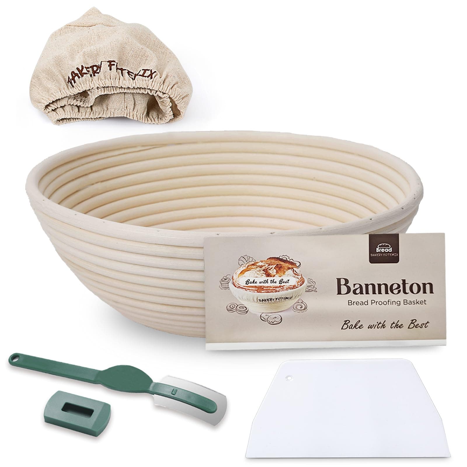 Rattan Round Banneton Proving Basket - 10 Inch, Natural, Sourdough, Home & Professional Bakers (Cloth Liner, Dough Scraper, Bread Lame, Starter Recipe Set)