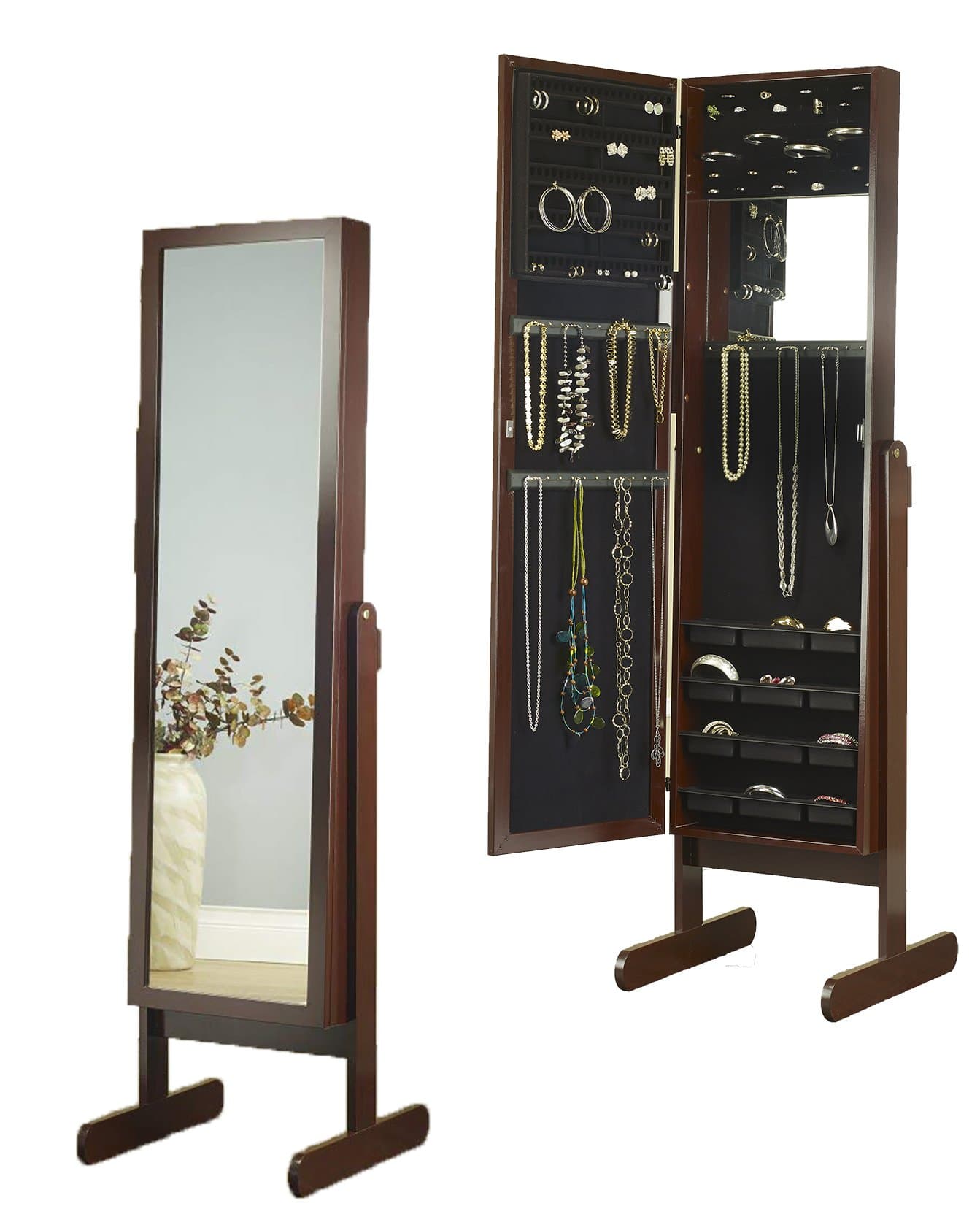 Plaza Astoria Free Standing Jewelry Armoire Cabinet Style Jewelry Armoire with Adjustable Stand, Full Dressing Mirror & Vanity Mirror for Bracelets, Necklaces, Rings, Earrings and More, Cherry Finish