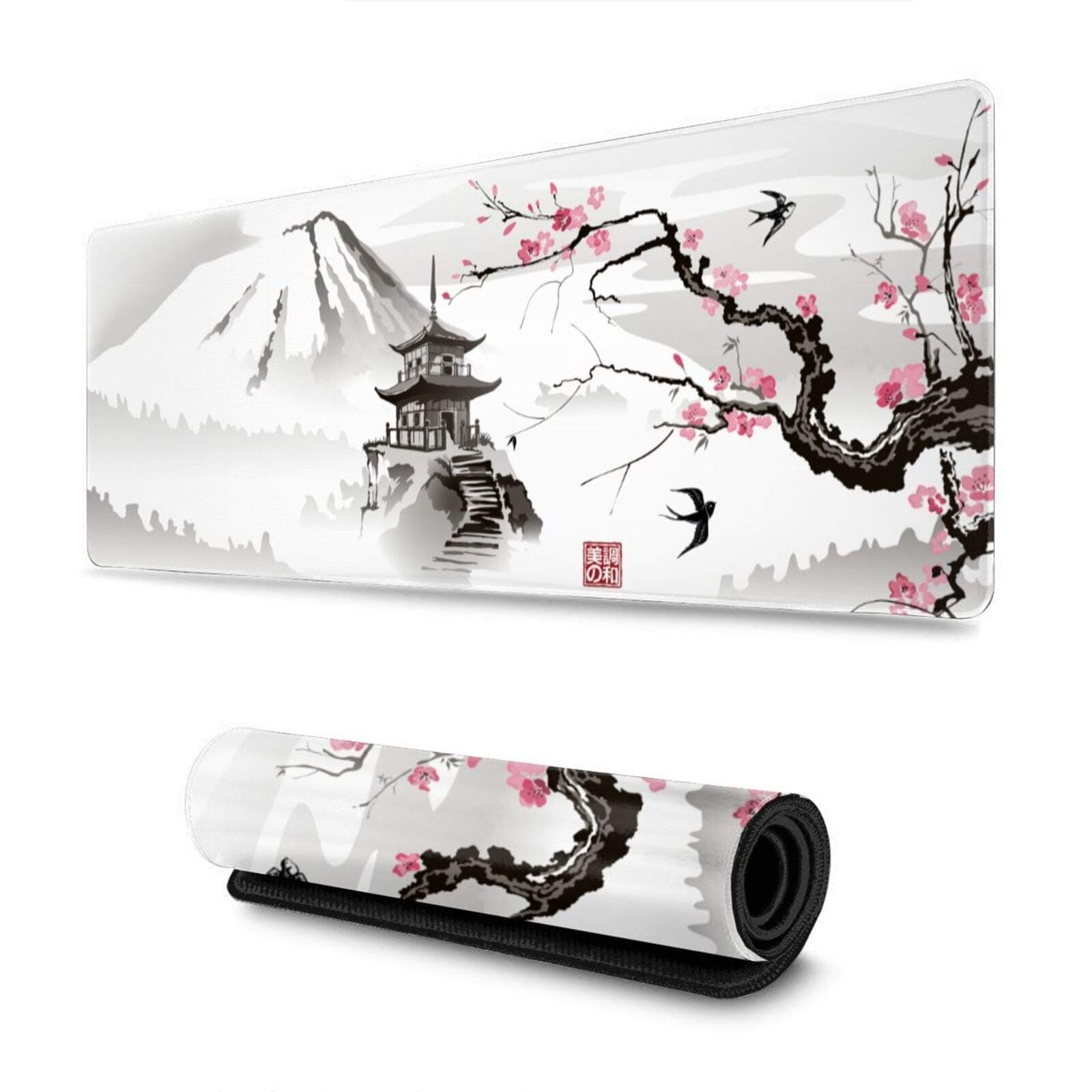 Gaming Mouse Pad XL Japanese Pagoda and Cherry Blossom Branch Oversized Desk Mat 30x80cm Cloth
