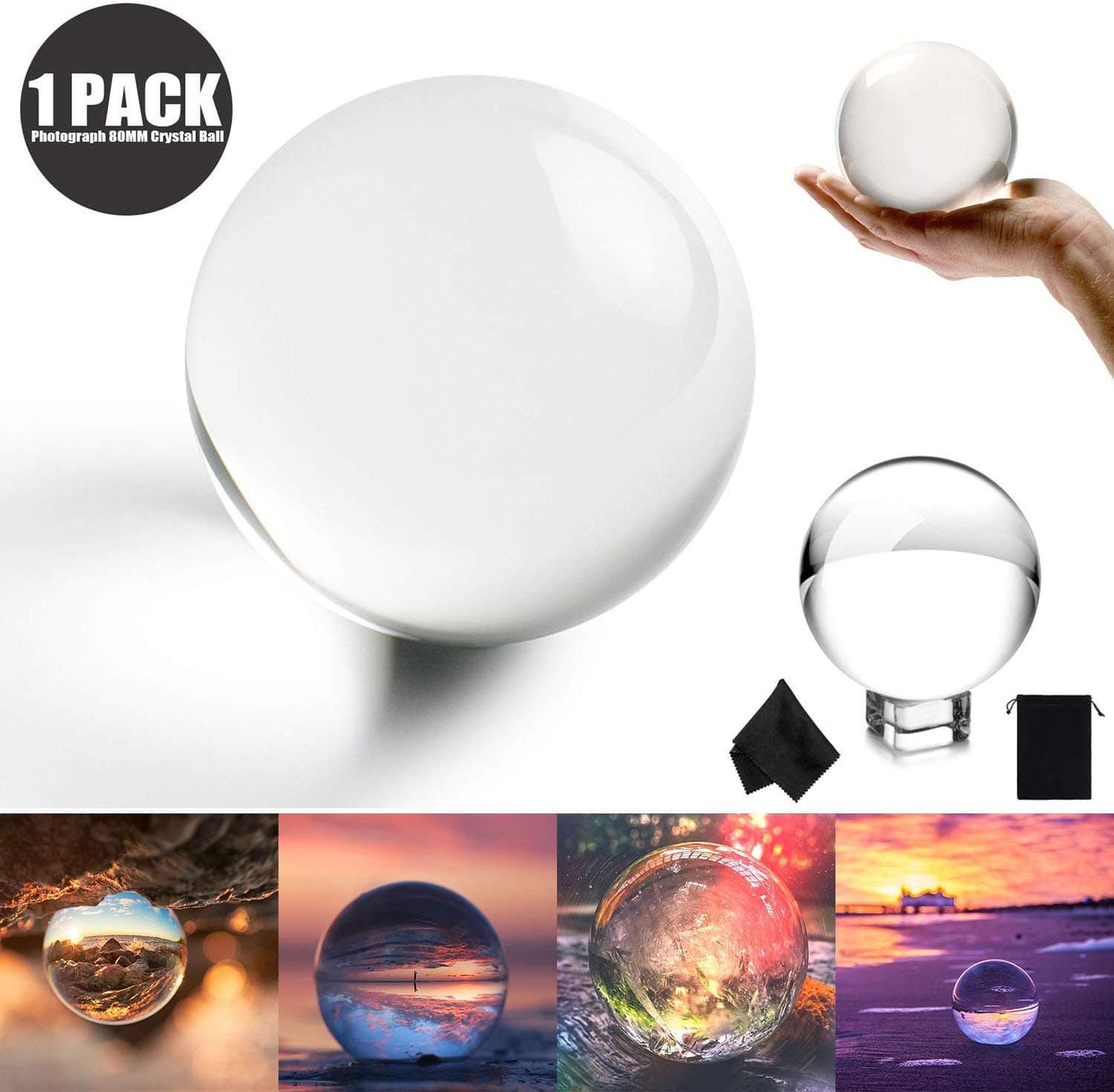 Emopeak Photograph Crystal Ball, LenBa Pro Original K9 Clear Lens Ball, LensBall with Crystal Stand, Photography Accessory