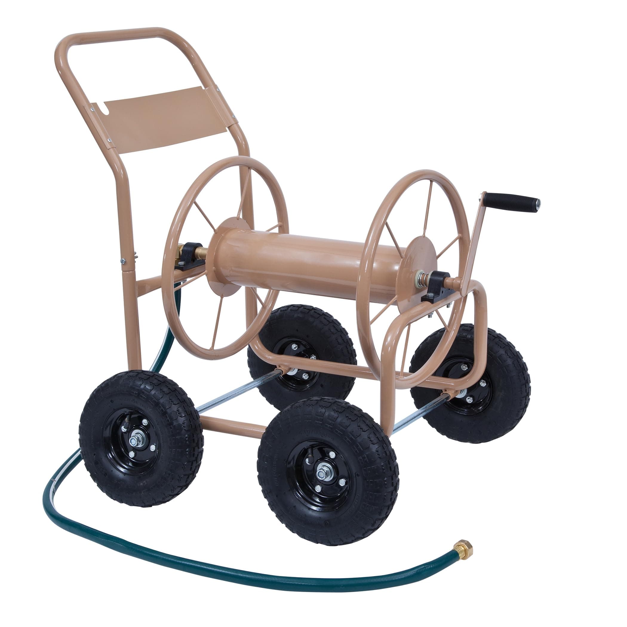 Industrial 4 Wheel 300 Foot of 0.625 Inch Hose Steel Frame Water Hose Reel Cart for Backyard, Garden, or Lawn, Beige