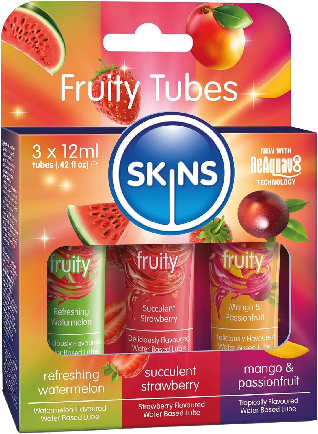 SKINS Flavored Lube Set - 3 Flavored Water Based Lubes - Fruity Edible Lubricant & Licks - Watermelon, Strawberry and Mango & Passionfruit Flavored Lube for Oral Pleasure & Intercourse