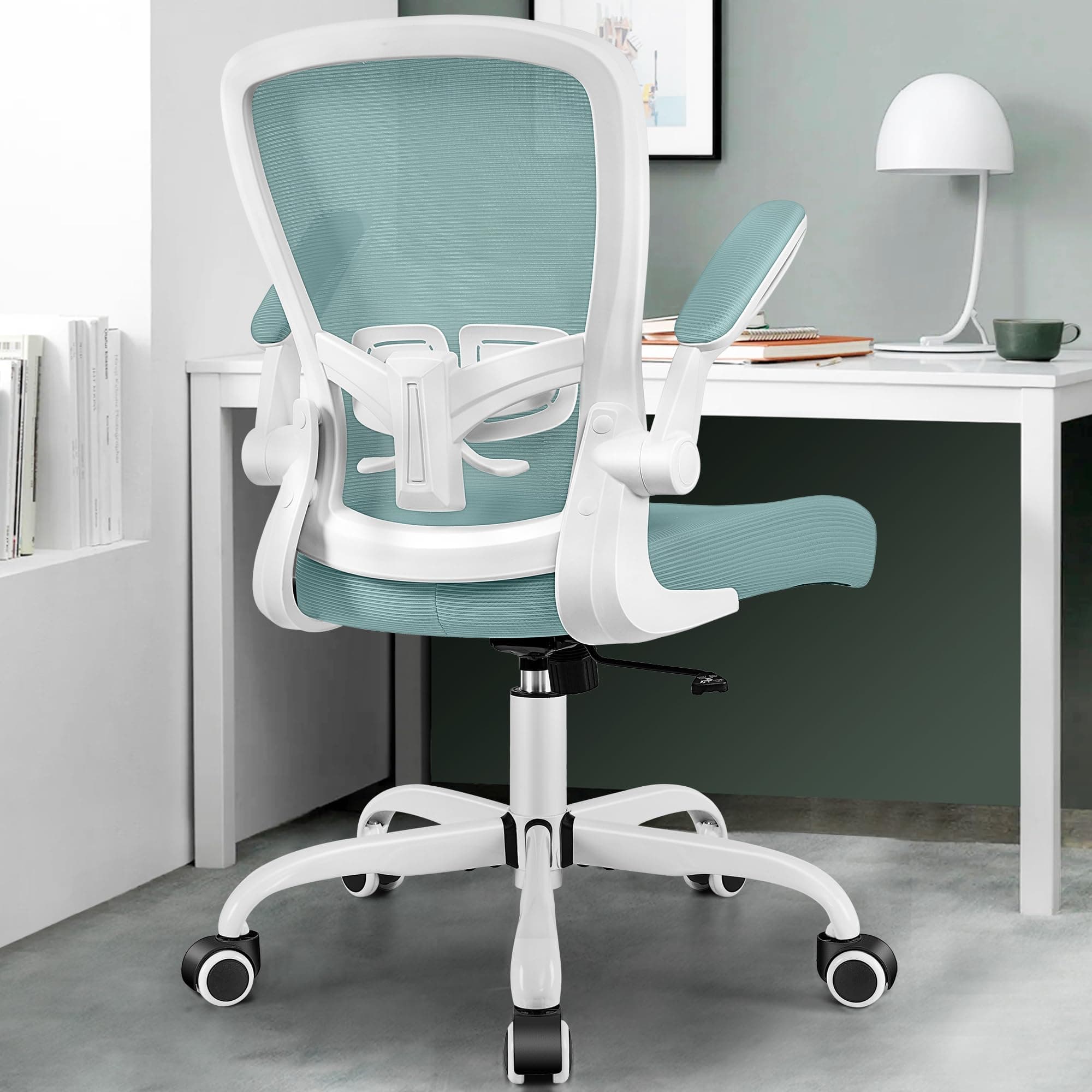 MINLOVE Office Chair Ergonomic Desk Chair with Adjustable Lumbar Support and Height, 90° Flip-up Armrests, Ergo Executive Chairs with Wheels, Home Work Use (Light Blue)