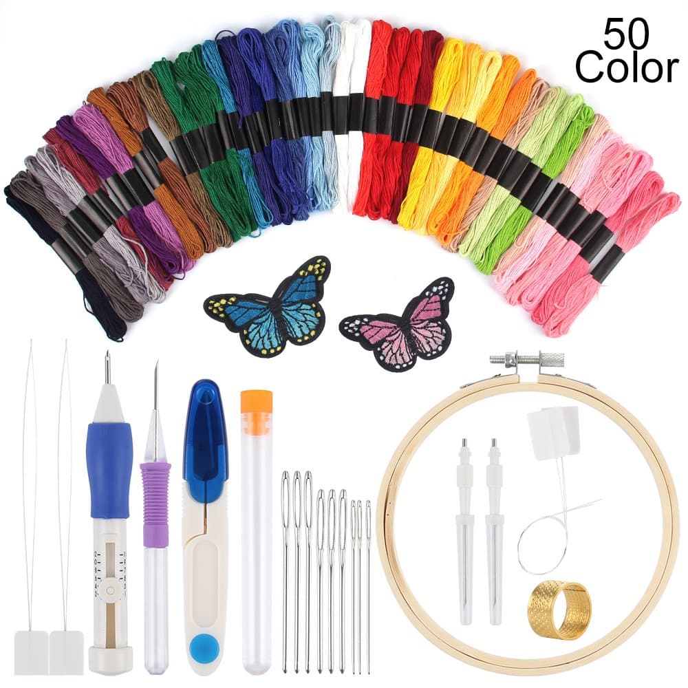 Magic Embroidery Pen Punch Needles，blueelica Embroidery Stitching Punch Set Craft Tool Including 50 Color Threads for DIY Threaders Sewing Knitting