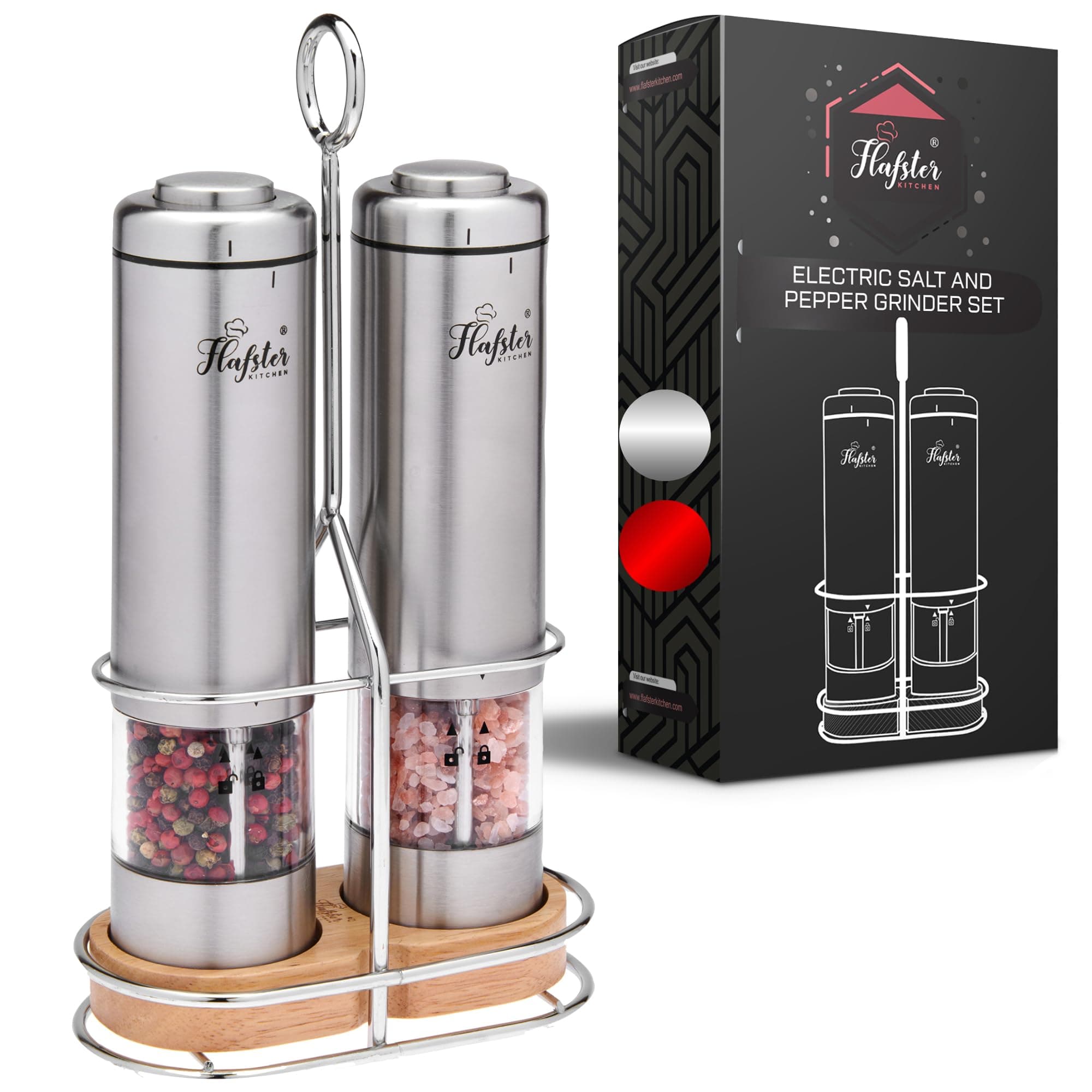 Premium Electric Salt and Pepper Grinder Set with Adjustable Coarseness, Battery-Operated Stainless Steel Design, One-Hand Operation, LED Light, and Spill-Proof Base – Ideal for Kitchen and Dining​