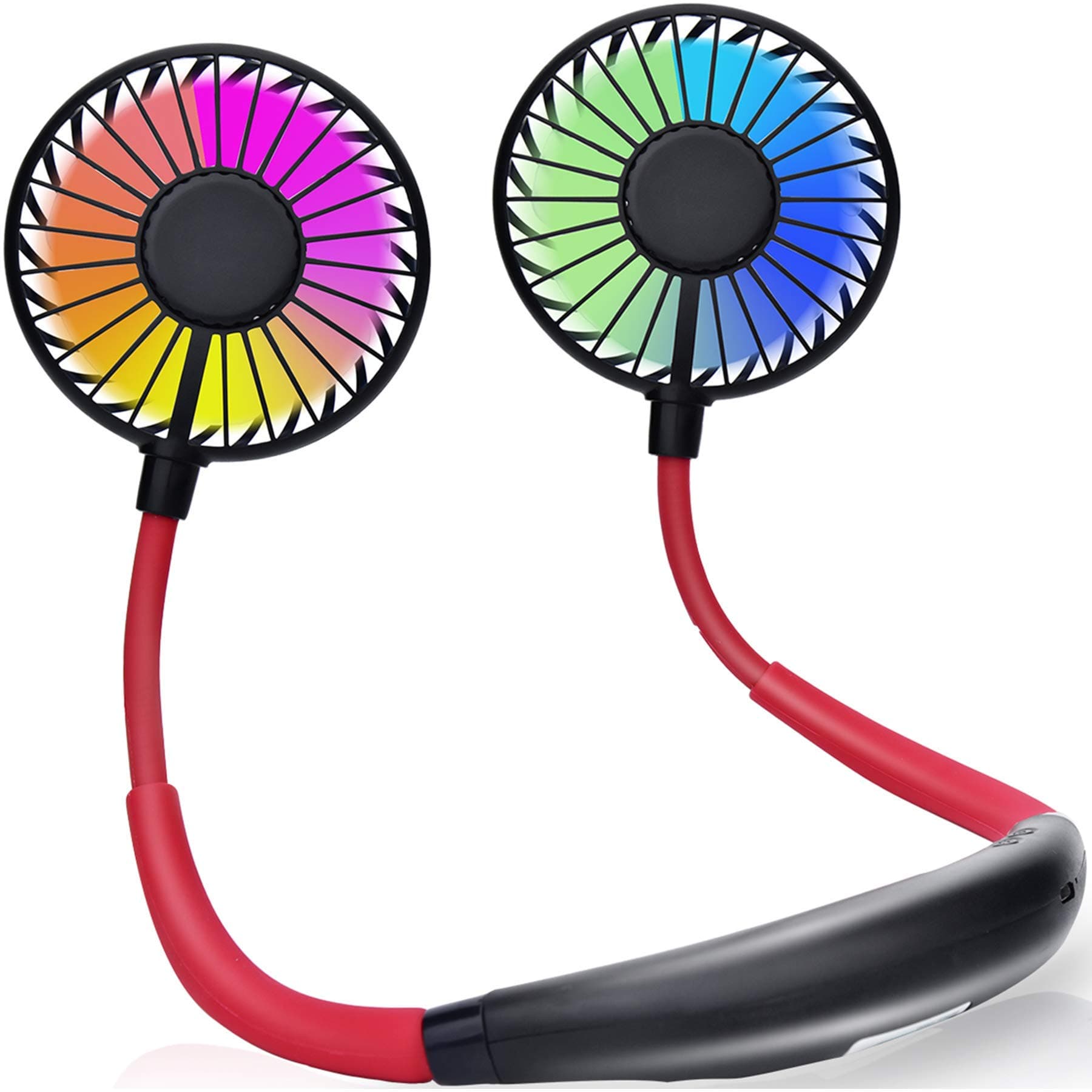 Hanging Neck Fan,Portable Hand Free necklace Fans,2000mAh USB Rechargable Battery,3 Speeds,7Color LED Light Sport Fan ,for Woman Man Trevel Office (Red-Black)