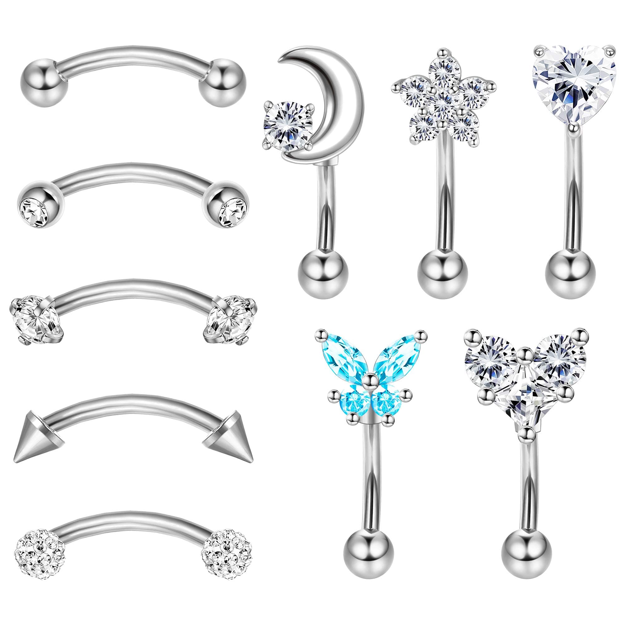 Drperfect 10Pcs 16G Rook Daith Earrings for Women Stainless Steel Belly Lip Ring Cartilage Tragus CZ Body Piercing Curved Barbell Eyebrow Rings 6-8mm