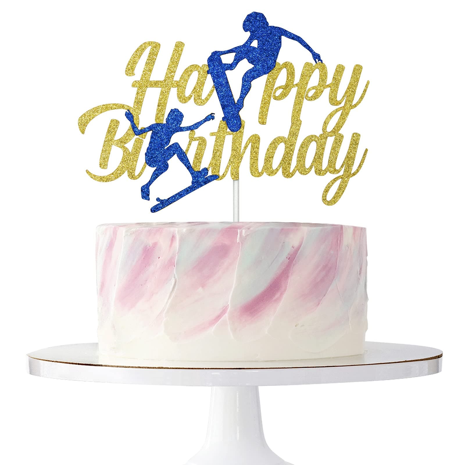 Skateboard Happy Birthday Cake Topper, Extreme Skateboarding Sports Bday Party Decorations Supplies, 90s Themed Kids Boys Girls Dessert Sign , Double-sided Gold Glitter
