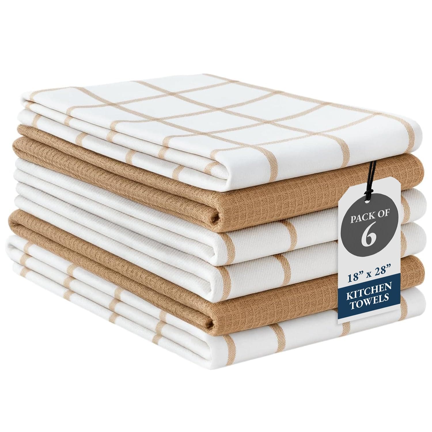 LANE LINEN Cotton Kitchen Towels and Dish Cloths Set, 6-Pack – Absorbent, Quick-Drying Dish Towel, 18" x 28", Soft, Premium Hand and Tea Towels - Beige