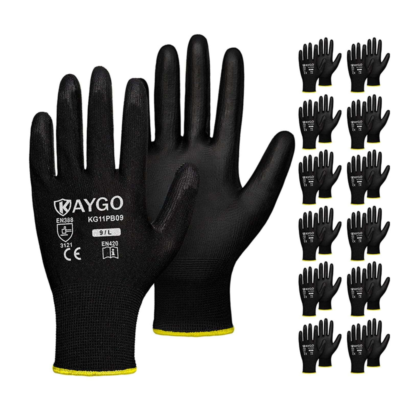 KAYGO Work Gloves for Men and Women,12 Pairs Seamless Knit PU Coated Safety Gloves, with Smooth Grip on Palm and Fingers, Ideal for Light Warehouse, Manufacturing, Gardening, KG11P (L, Black)