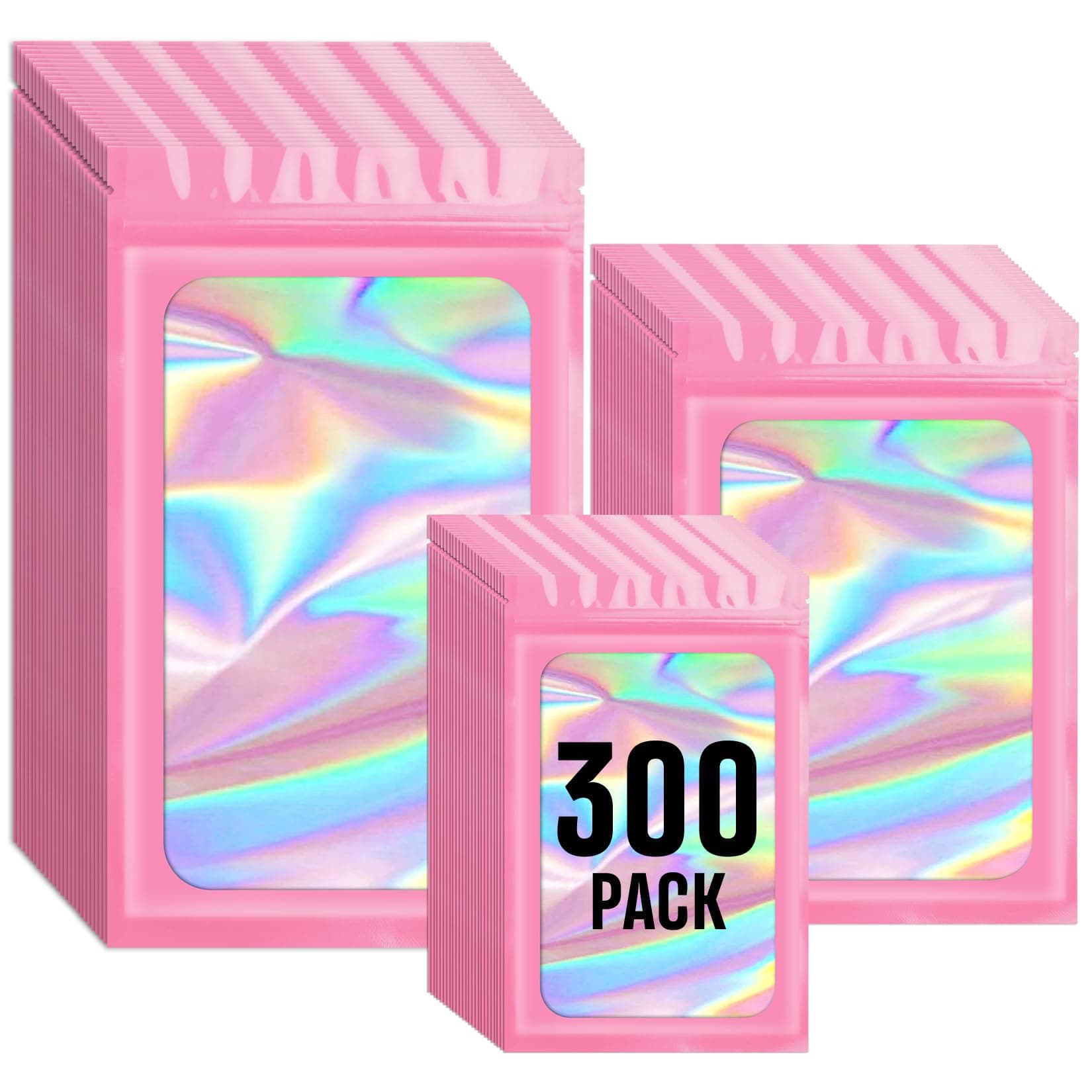 FUNFERY300 Pack 3 Size Mylar Holographic Bags with Clear Window, Resealable, Smell Proof, Zipper Foil Bags for Food Storage, Sample, Small Business (Pink, 3x4.7, 4x6, 4.7x7.9in)