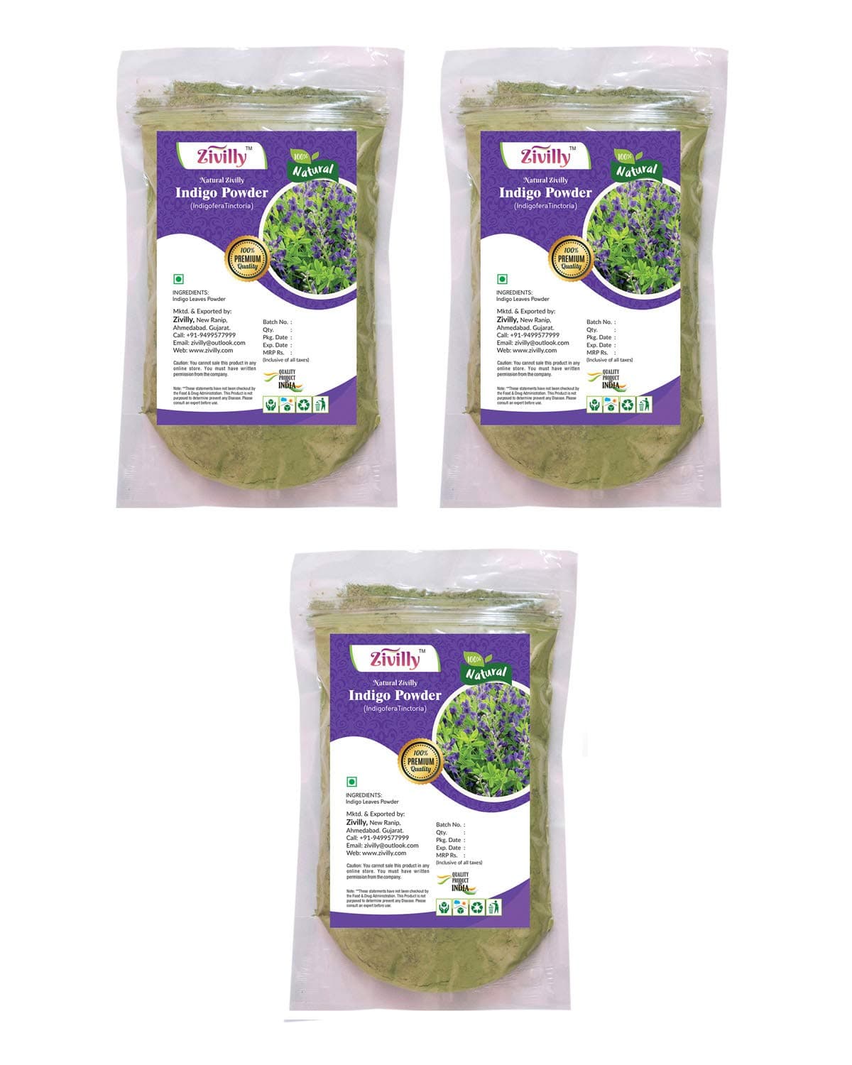 Zivilly Natural Indigo Powder for Hair (100 g) - Pack of 3