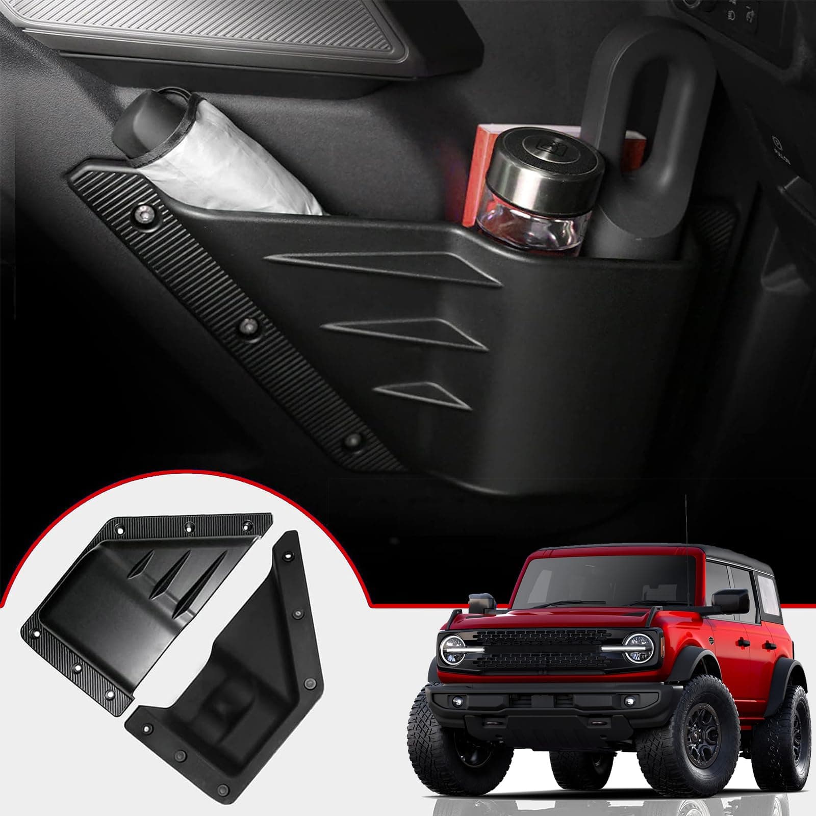 Mabett Front Door Storage Pockets for Ford Bronco Accessories 2026,2021-2025, Side Door Organizer Box fit Bronco 2/4-Door, Insert Cup Holder(2PCS)