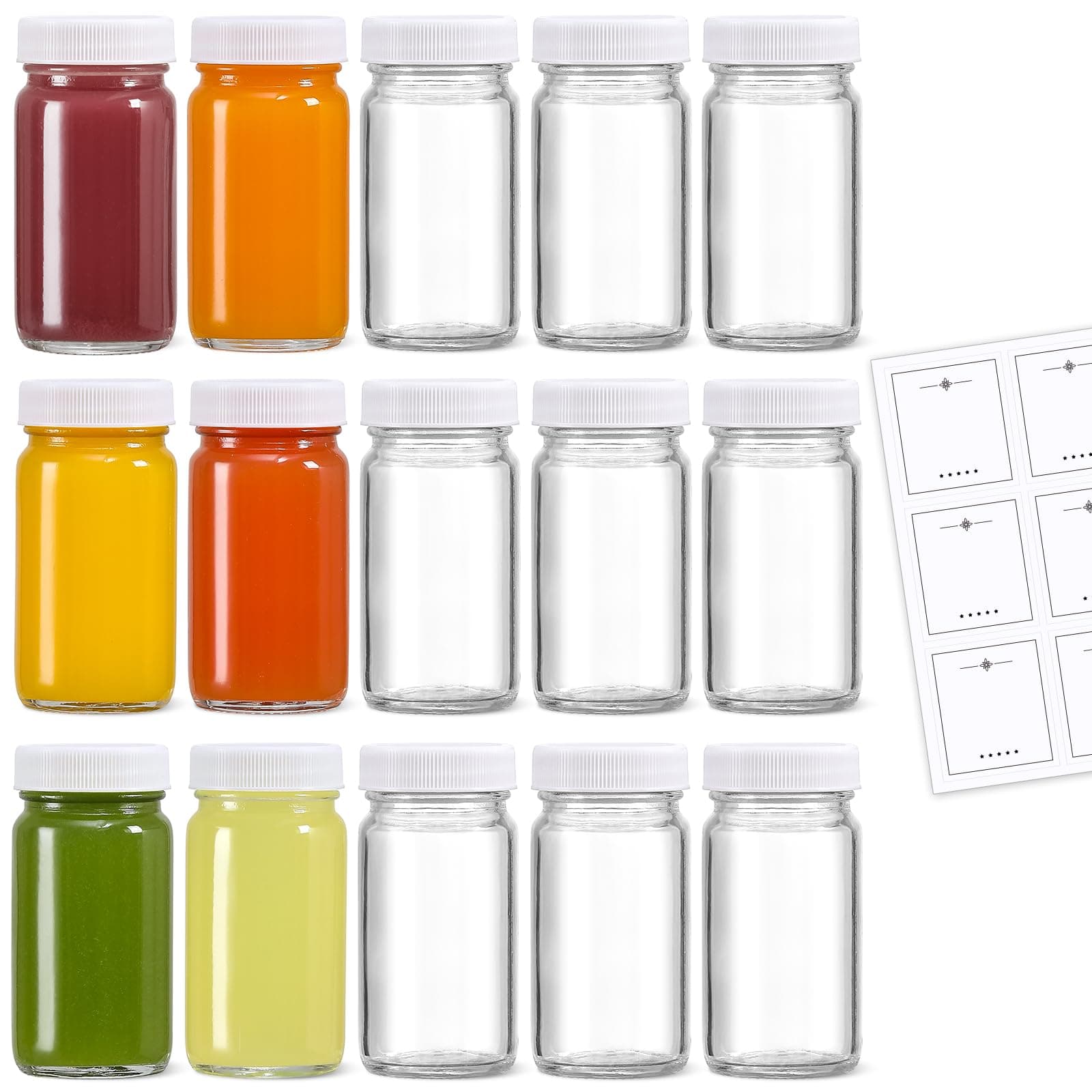 LANDNEOO 15 Pack 2 oz Glass Shot Bottles w/ White Lids & 15 Labels - Small Clear Jar for Ginger, Wellness Shot, Juice, Sample, Whiskey - Travel Mini Bottles - Wide Mouth, Leakproof, Dishwasher Safe