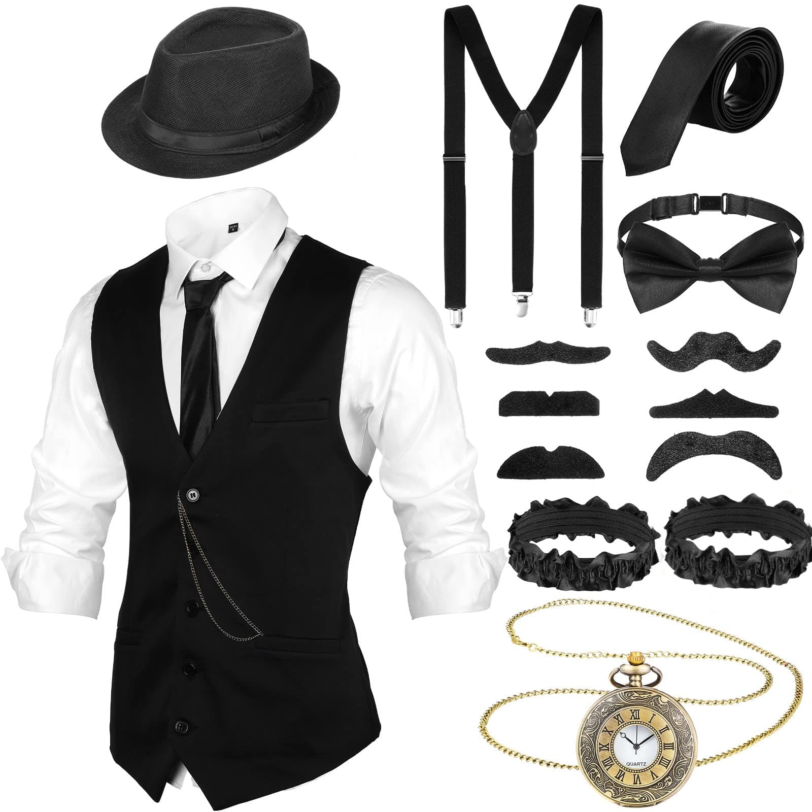 SATINIOR 1920s Mens Costume Roaring Costumes Outfit with 20s Gangster Vest Hat Pocket Watch Suspenders