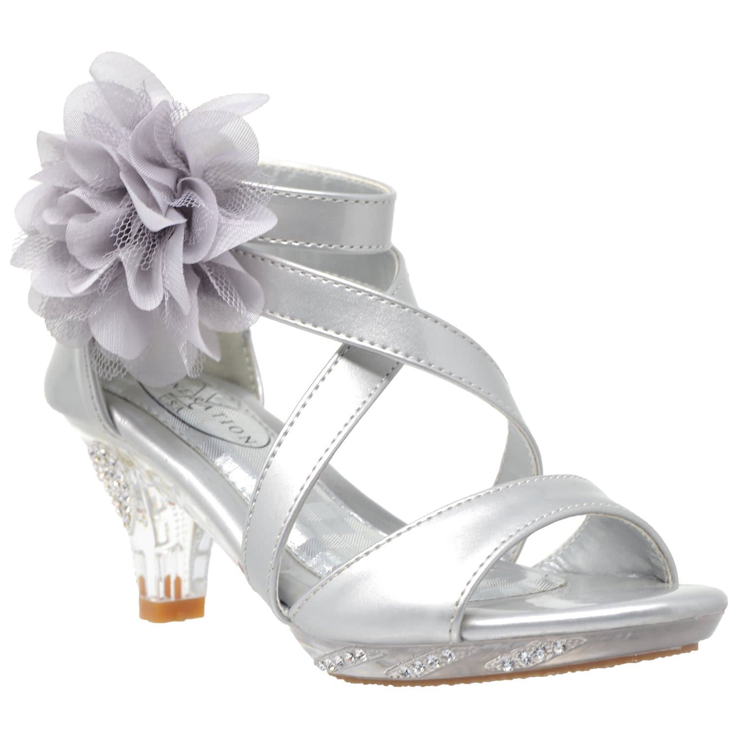 Generation Y Kids Dress Sandals Girls Clear Rhinestone Low Heels Side Flower Back Zipper Open Toes