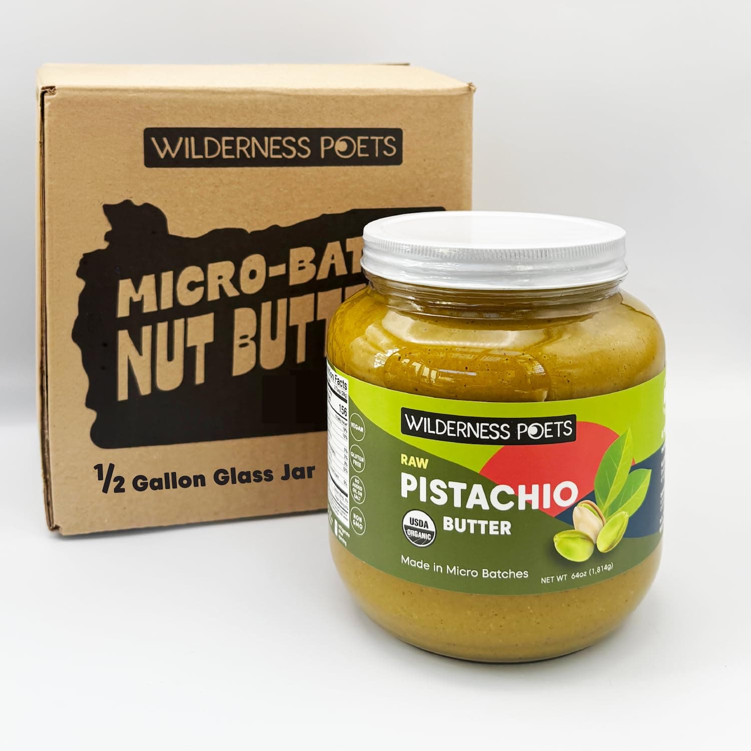 Wilderness Poets, Pistachio Butter - Organic, Raw, 100% Pistachio (64 Ounce - 4 Pound) - Half Gallon Glass Jar - Perfect for Dubai Chocolate Bar Desserts with Kataifi or Savory Creations - Unsweetened, California-Grown