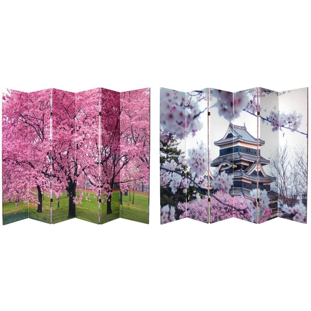 Red Lantern 6 ft. Tall Double Sided Cherry Blossoms Canvas 6 Panel Room Divider