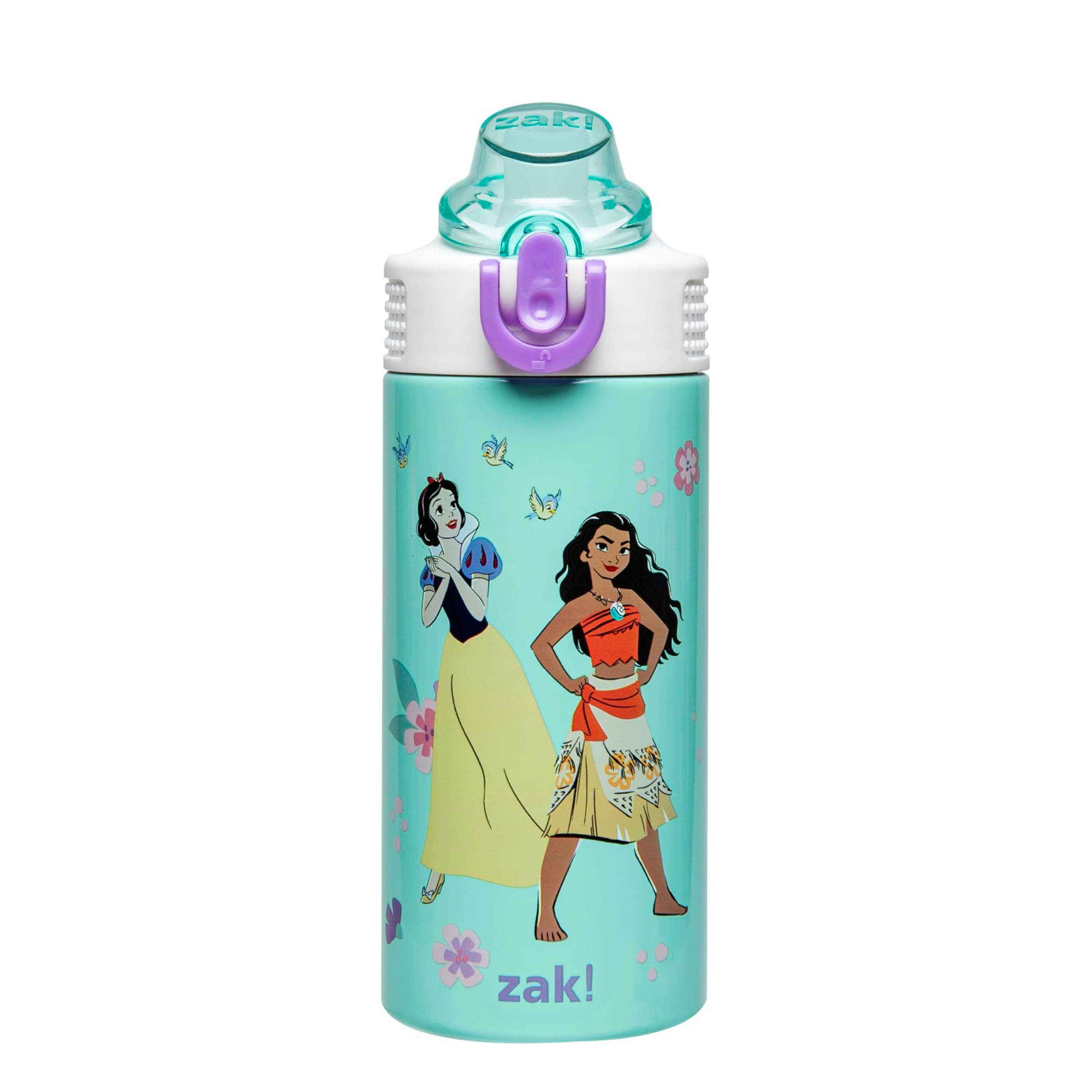 Zak Designs Disney Princess Kids Water Bottle For School or Travel, 14oz Stainless Steel Water Bottle With Straw, Handle, and Leak-Proof, Pop-Up Spout Cover (Ariel, Moana, Snow White, Tiana)