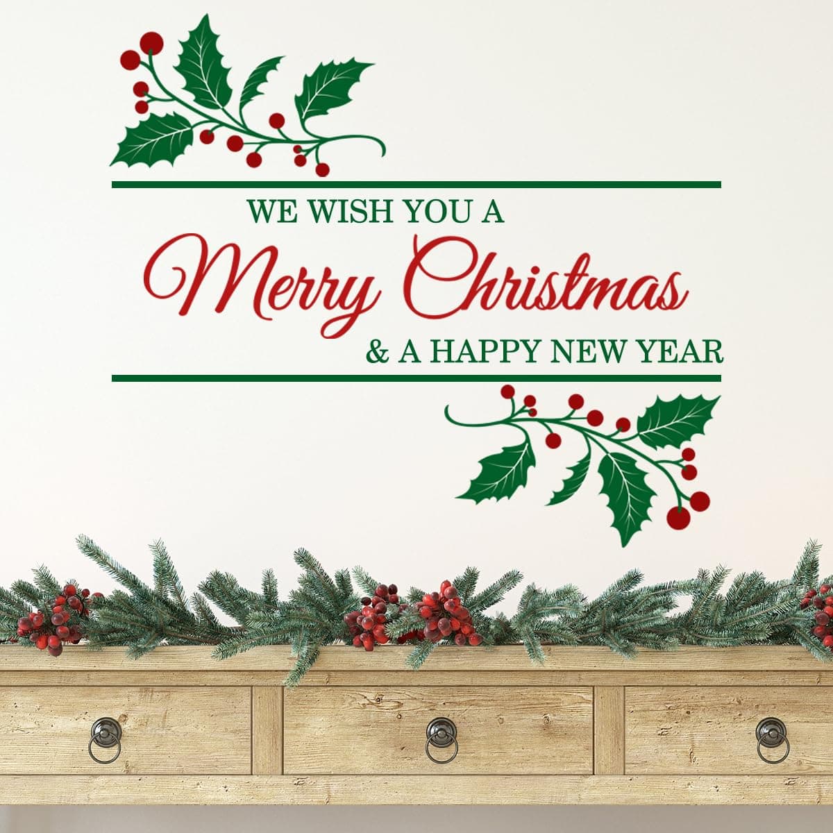 34.25 x 29.92 Inch Merry Christmas Wall Decal Happy New Year Wall Sticker Removable Xmas Cherries Leaves Wall Decor for Christmas Party Supplies Home Window Wall Decor