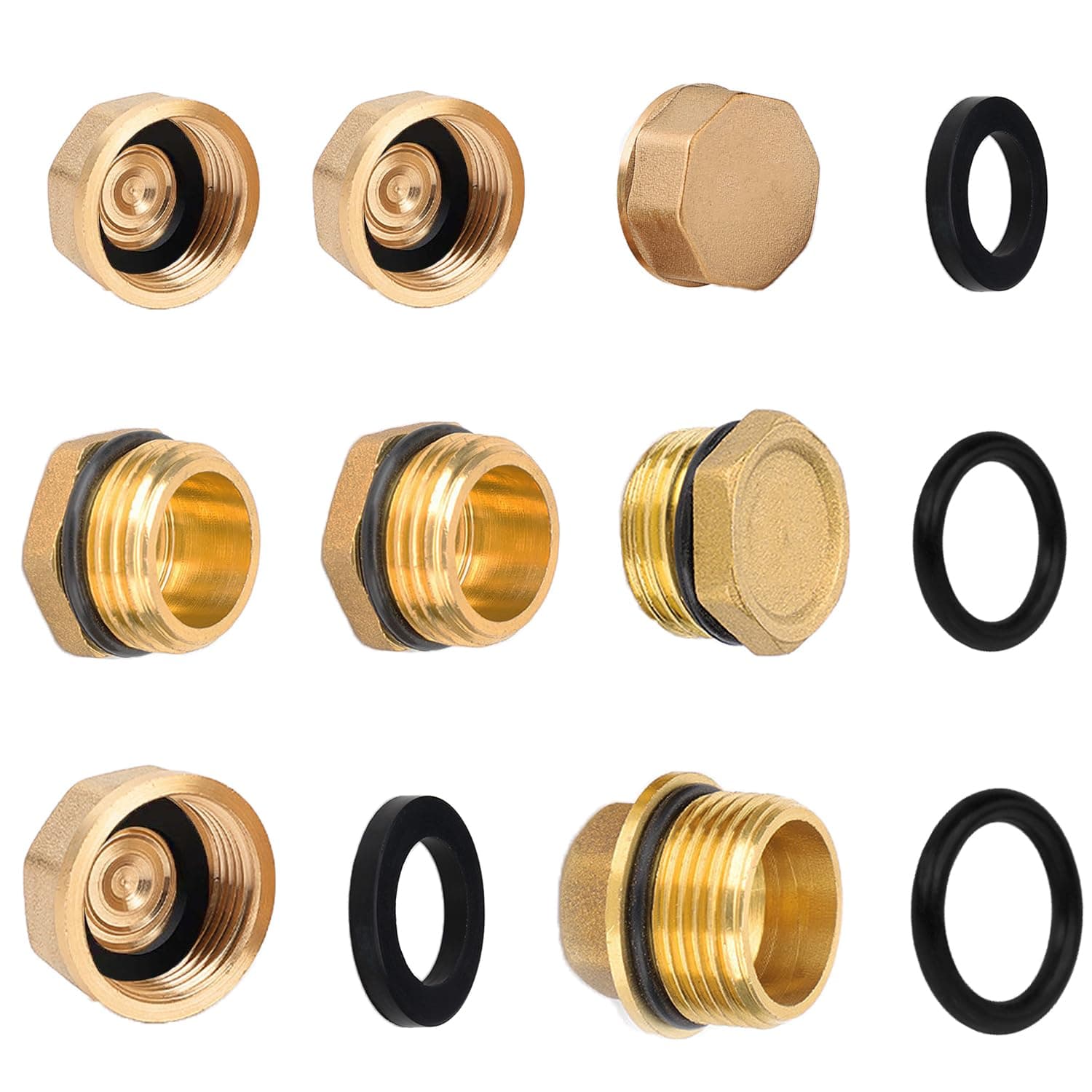 8 Sets 1/2" and 3/4" BSP Brass Stopper Plugs Set, Male/Female Thread Pipe Plug, Brass Blanking Cap, Cored Hex Head External/Internal Thread Caps(20-26mm)