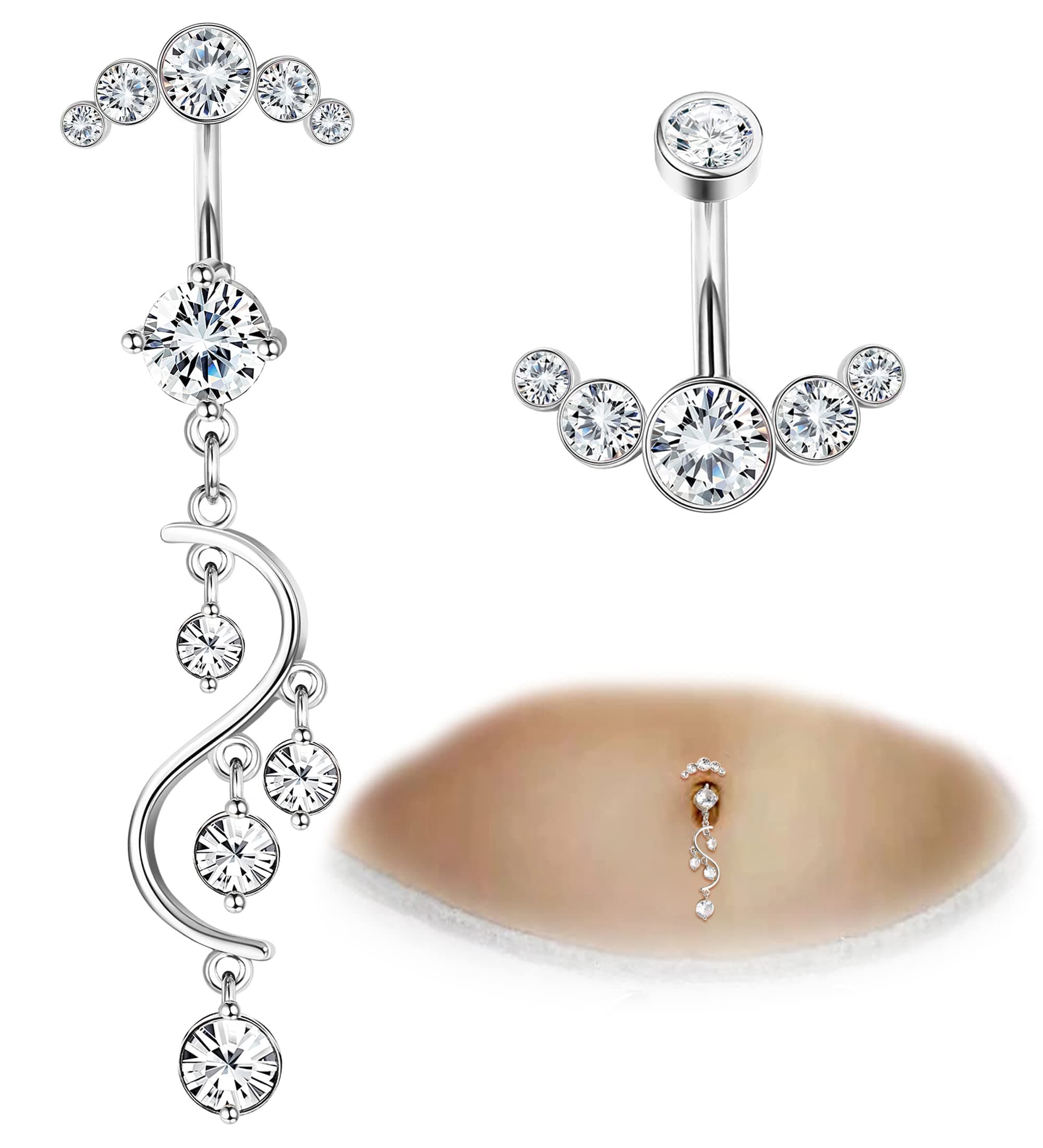 Crystal Belly Button Ring for Women Unique 14G 316L Stainless Steel Dangle Belly Rings Belly Piercing Jewelry Navel Barbell Bling Crystals Body Jewelry