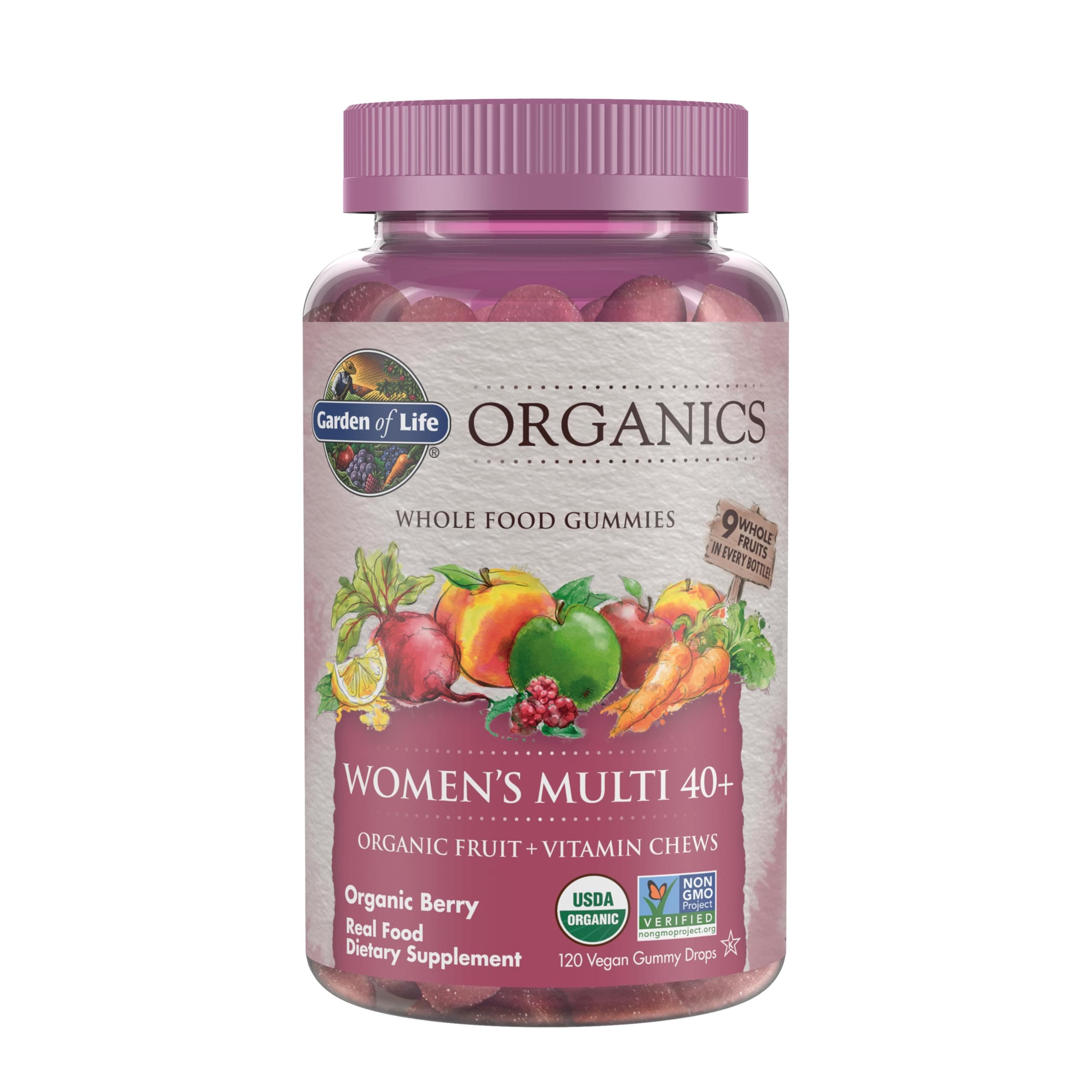 Garden of Life Organics Women 40+ Gummy Vitamins - Berry - Certified Organic, Non-GMO, Vegan, Kosher Complete Multi - Methyl B12, C & D3 - Gluten, Soy & Dairy Free, 120 Real Fruit Gummies