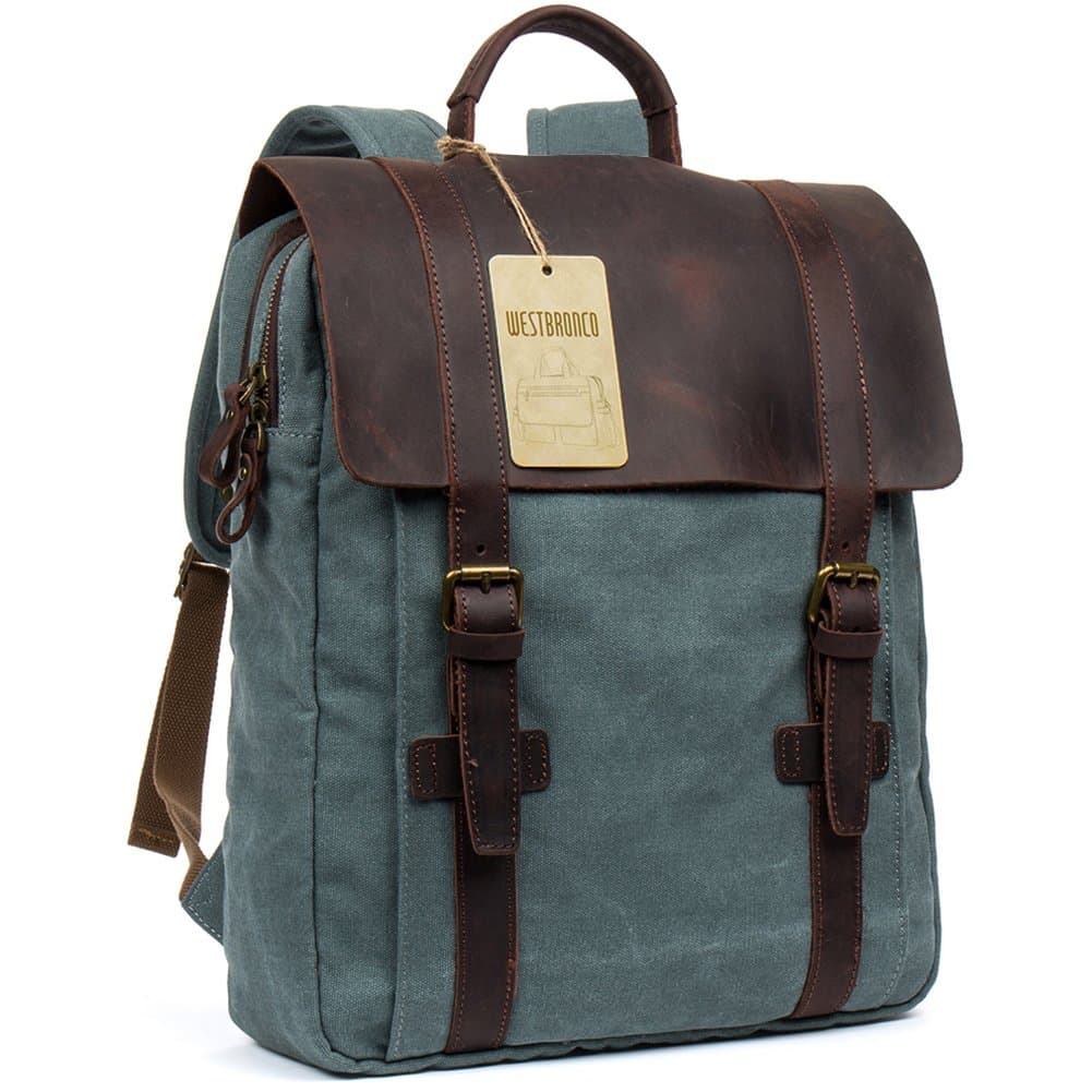 Canvas Real Leather Backpack Vintage Casual School Bag Retro Unisex Travel Bag Fashionable Rucksack Light Blue - WESTBRONCO