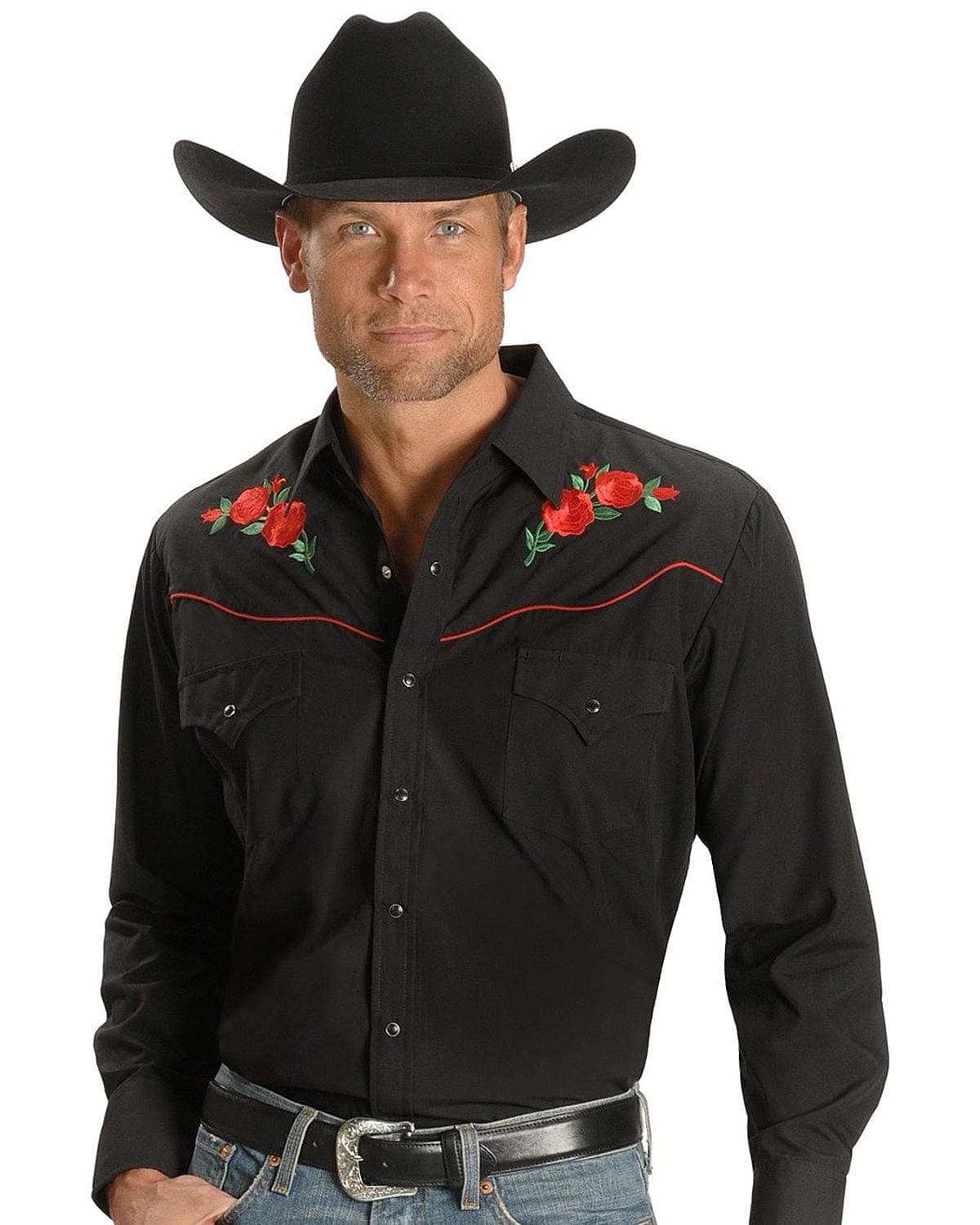 Mens Long Sleeve Western Shirt with Rose EmbroideryButton Down Shirt