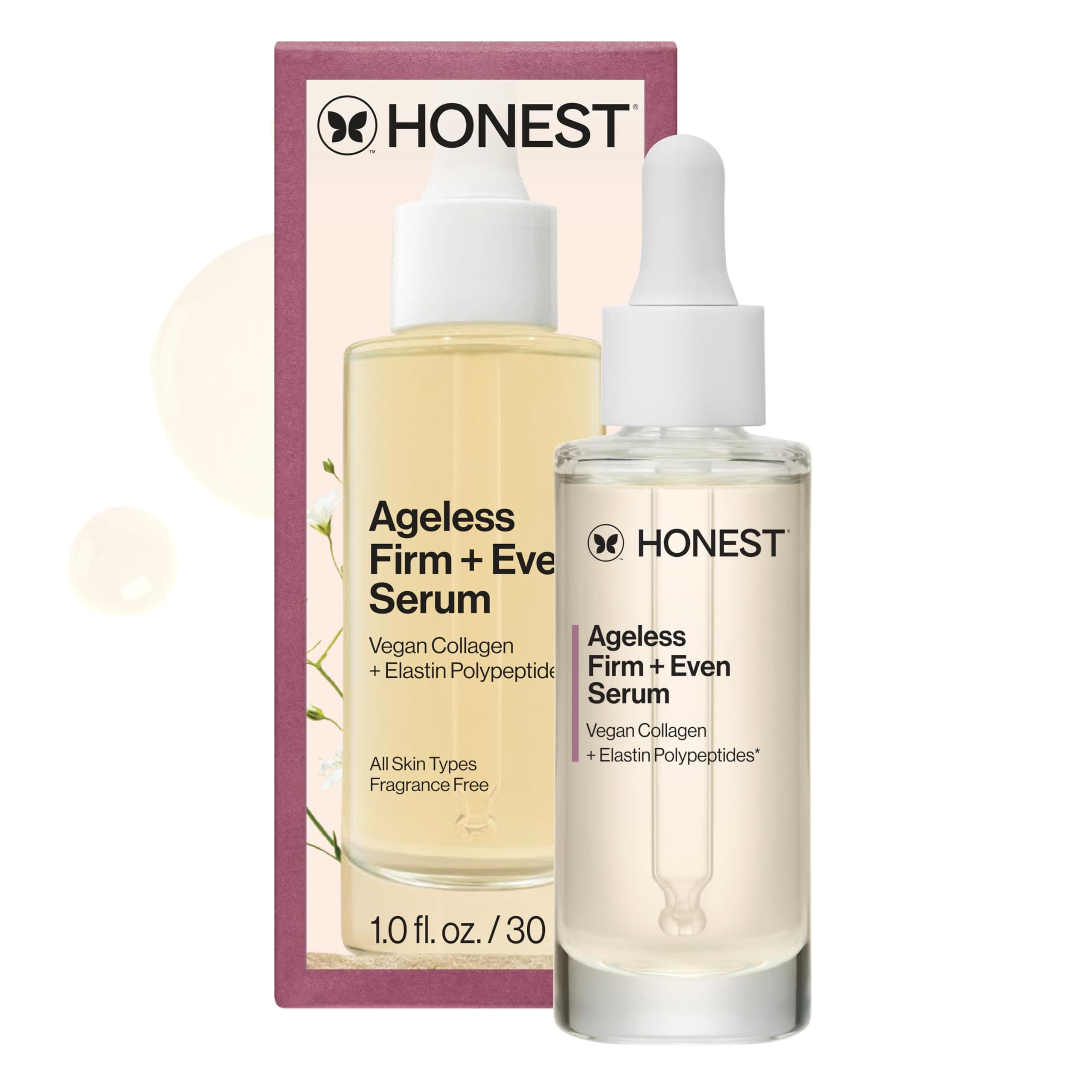 Honest Beauty Ageless Firm and Even Serum | Powered by Vegan Collagen and Elastin Polypeptides | Firmer-Looking Skin and Even Tone | Fragrance Free, EWG Verified, Vegan, Cruelty-Free | 1 fl oz