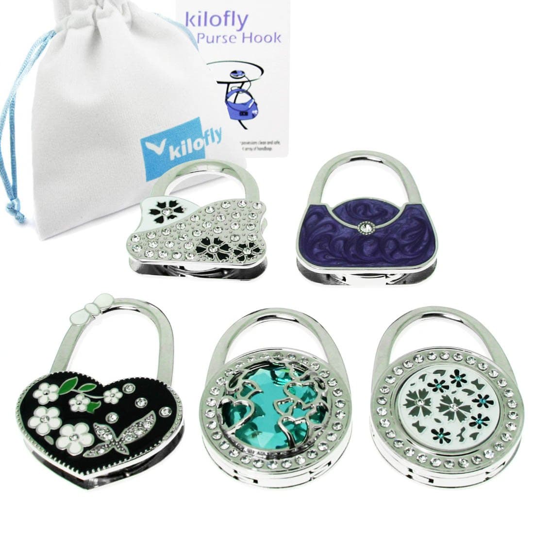 kilofly Purse Hook [Set of 5] - Foldable - Floral Lake, with kilofly Pouch