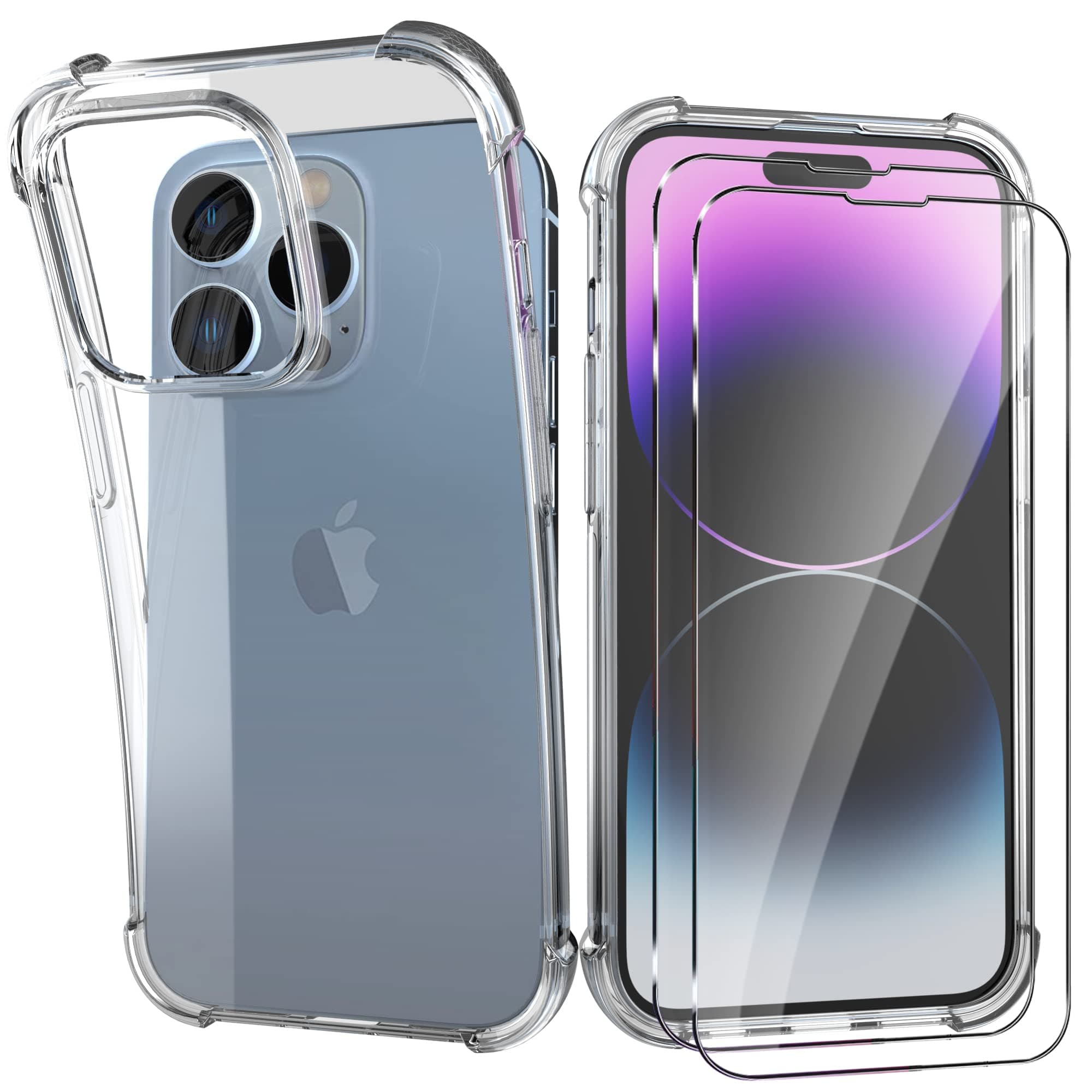 HTDELECCase for iPhone 14 Pro 6.1 Inch + [Pack of 2] Screen Protector, Transparent Soft Transparent Thin Mobile Phone Case with TPU Bumper Case Cover for iPhone 14 Pro 6.1 Inch - Shockproof