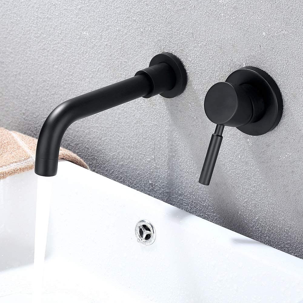 Bathroom Wall Mount Faucet,Spout can Rotate 360 Degrees, Modern Matte Black,Bathroom Sink Faucet Single Handle 2 Holes and Rough Valve for Washroom,Bathroom Vanity Faucet Mixer Tap
