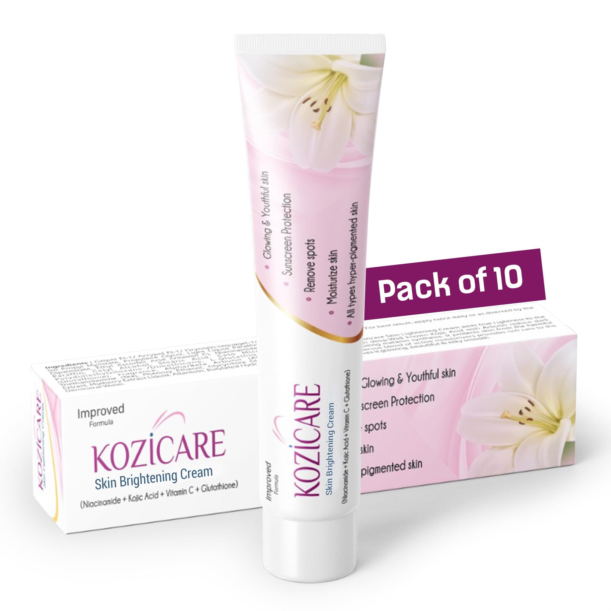Kozicare Skin Lightening Cream - 15gm (Pack of 10)| Enriched with Kojic Acid, Alpha Arbutin, Glutathione, Niacinamide and Vitamin C | Best for Melasma, Pigmentation, Acne Scars, Dark/Age Spots