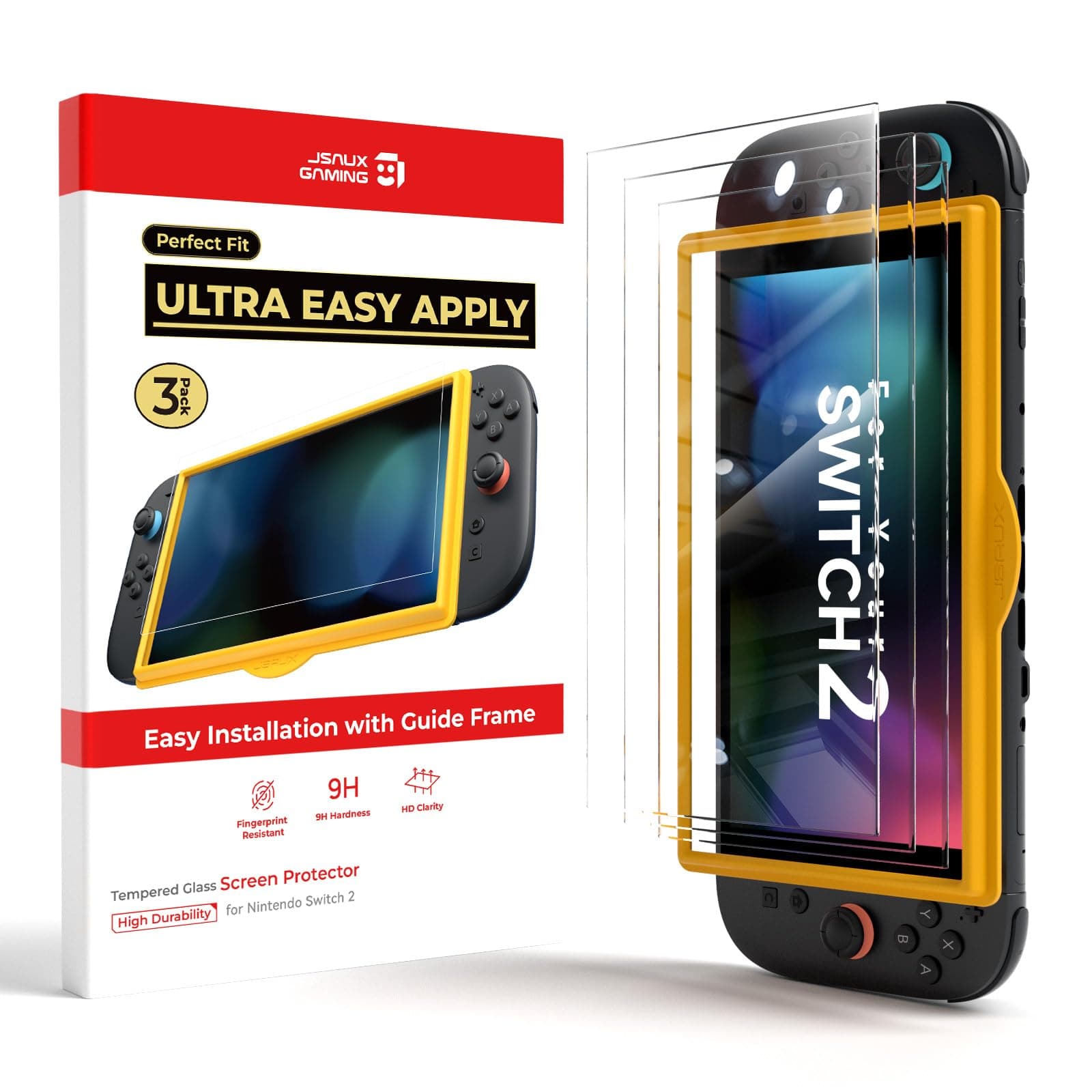 JSAUX 3-Pack Screen Protector for Nintendo Switch 2, Ultra HD Glass Protector 9H Hardness Easy to Install with Guiding Frame Scratch Resistant Tempered Glass