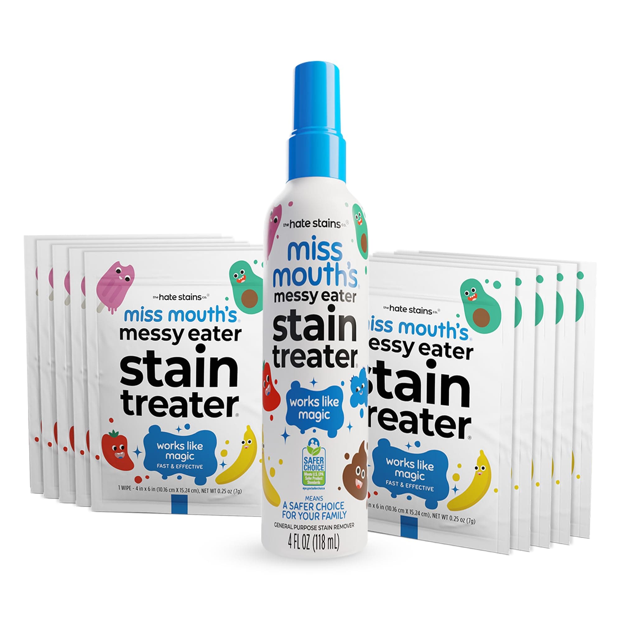 Messy Eater Non-Toxic Baby and Kids Stain Remover for Clothing, Carpet, Fabric, and Upholstery. Kid d and Mom Approved (120ml, 4 oz Spray Bottle & 10 Wipes)