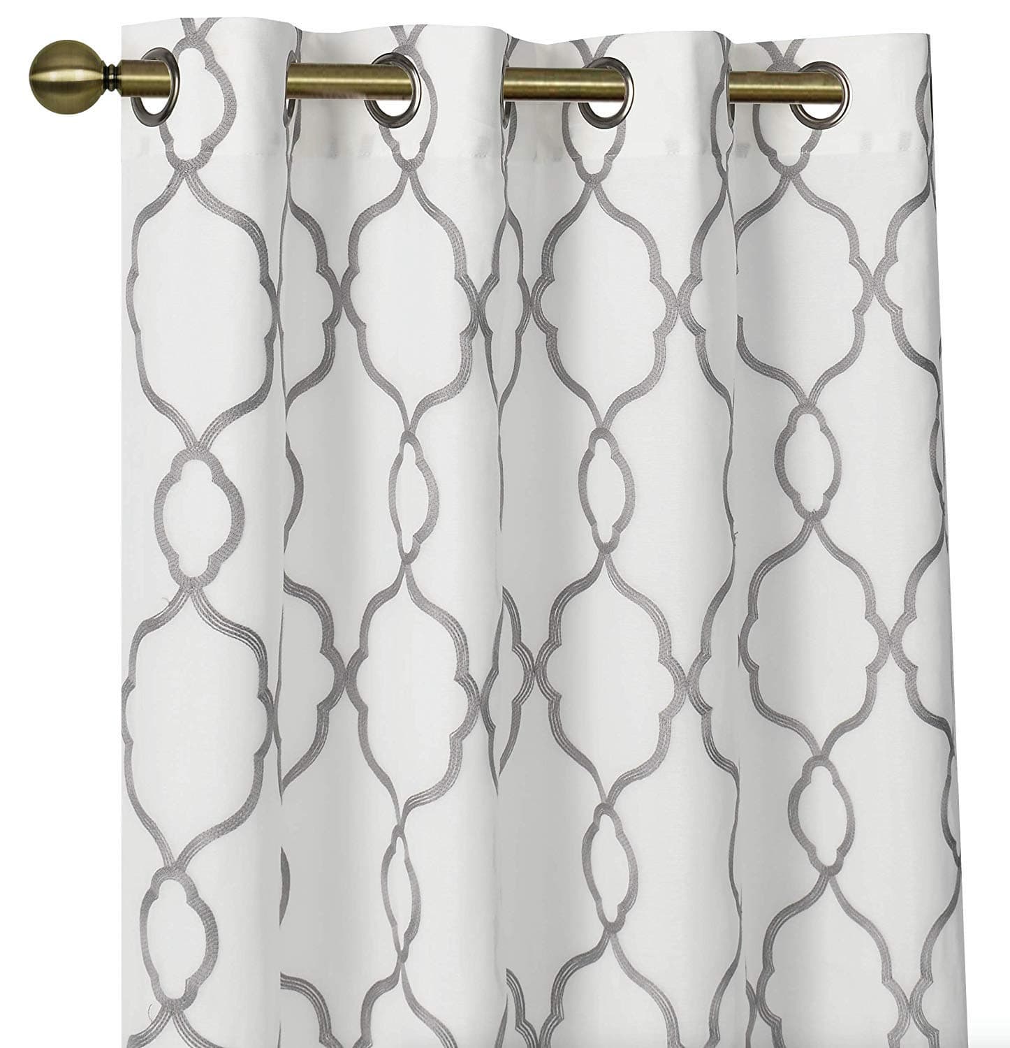 GoodGram 2 Pack Embroidered Semi Sheer Geometric Quatrefoil Grommet Top Window Curtains with Satin Backing for Privacy - Assorted Colors & Sizes (Gray, 84 in. Long)