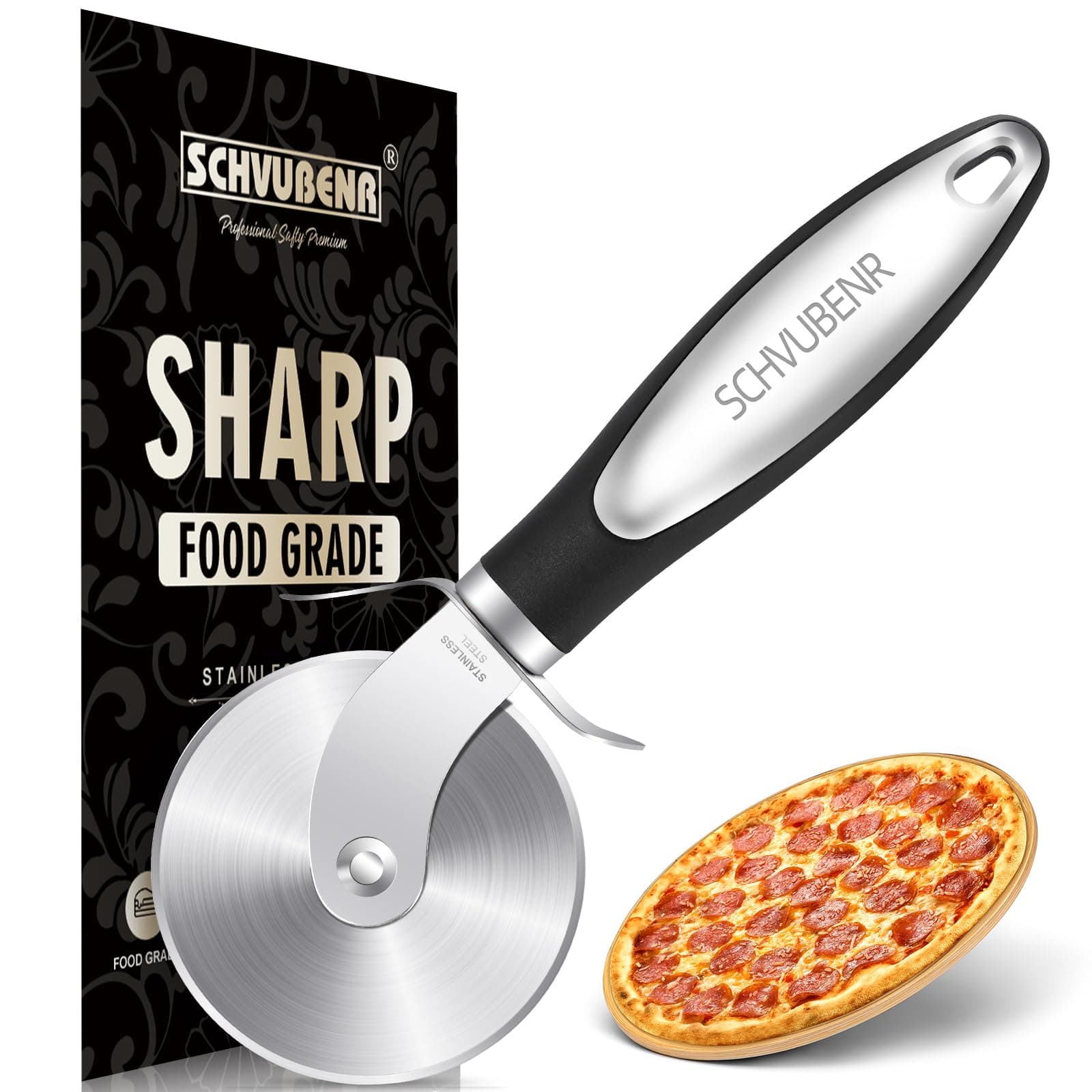 Premium Pizza Cutter Wheel - Ultra Sharp Stainless Steel Pizza Slicer with Non-Slip Soft Grip Handle - Multi-Purpose Cutter for Pizza, Dough & Pastry - Dishwasher Safe, Easy to Clean - Black