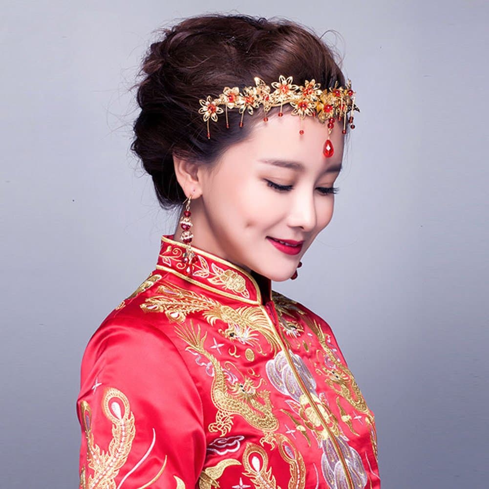 Chinese Red Flower Floral Beaded Flapper Headband Jeweled Bridal Wedding Tiara