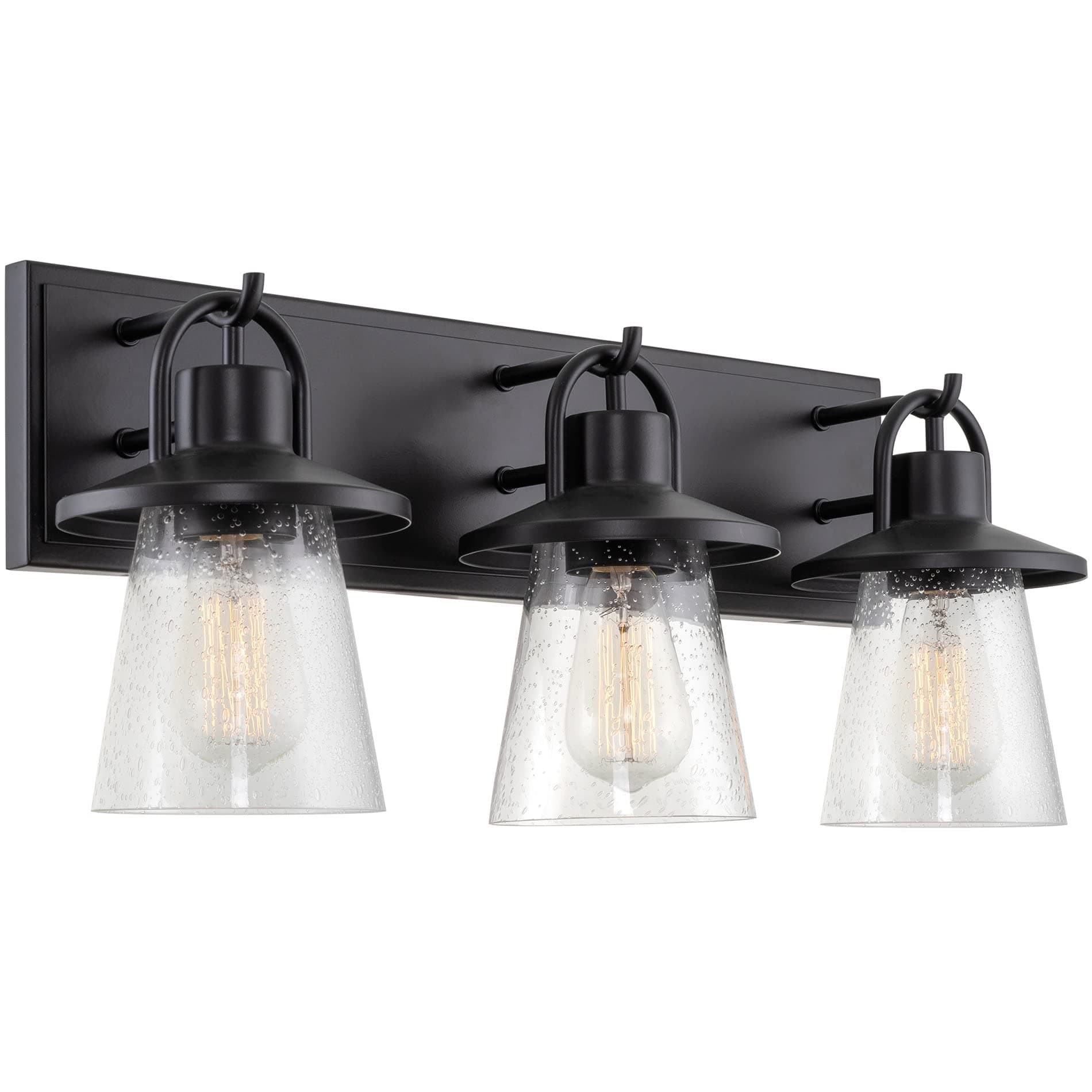 Kira Home Holden 23.5" 3-Light Modern Farmhouse Vanity/Bathroom Light, Hanging Lantern Style + Cone Metal Seeded Glass Shades, Black Finish