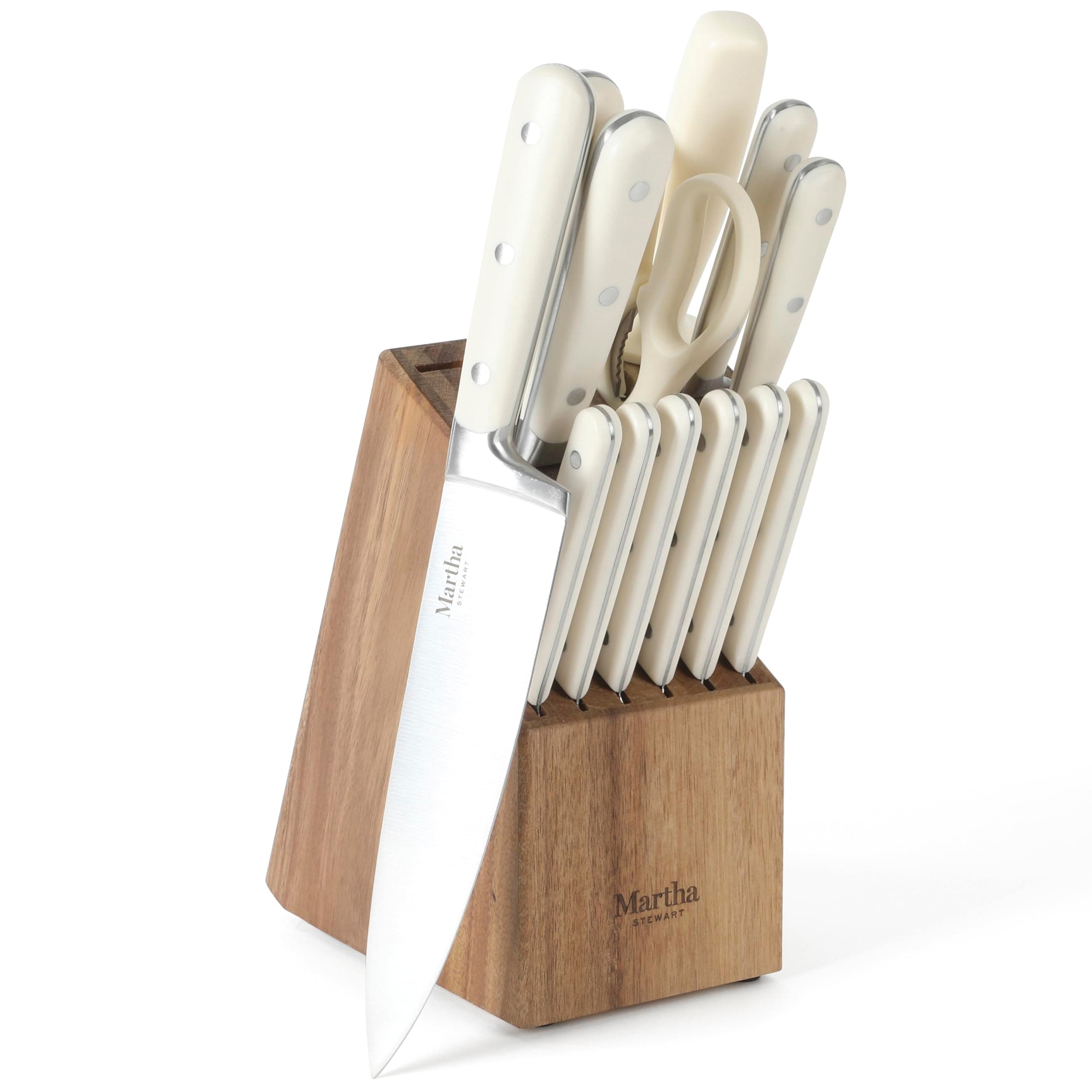 Martha Stewart Eastwalk 14 Piece High Carbon Stainless Steel Cutlery Knife Block Set w/ABS Triple Riveted Forged Handle Acacia Wood Block - Linen White