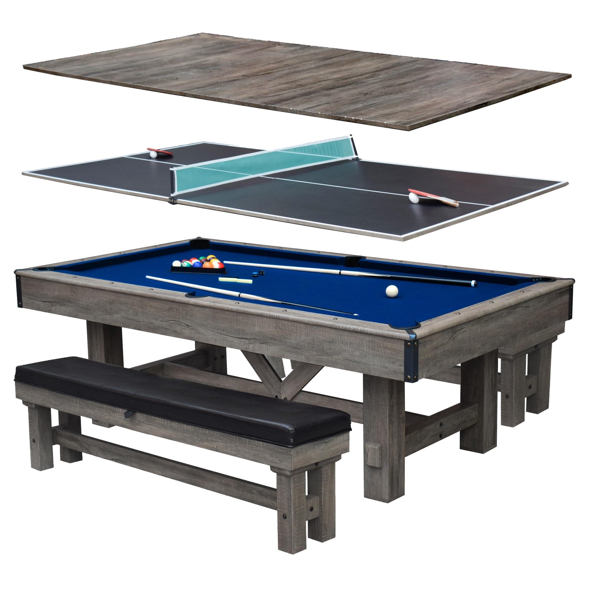 Hathaway Logan 7-ft Pool Table Combo Set with Benches - Rustic Gray with Blue Felt, Barnwood