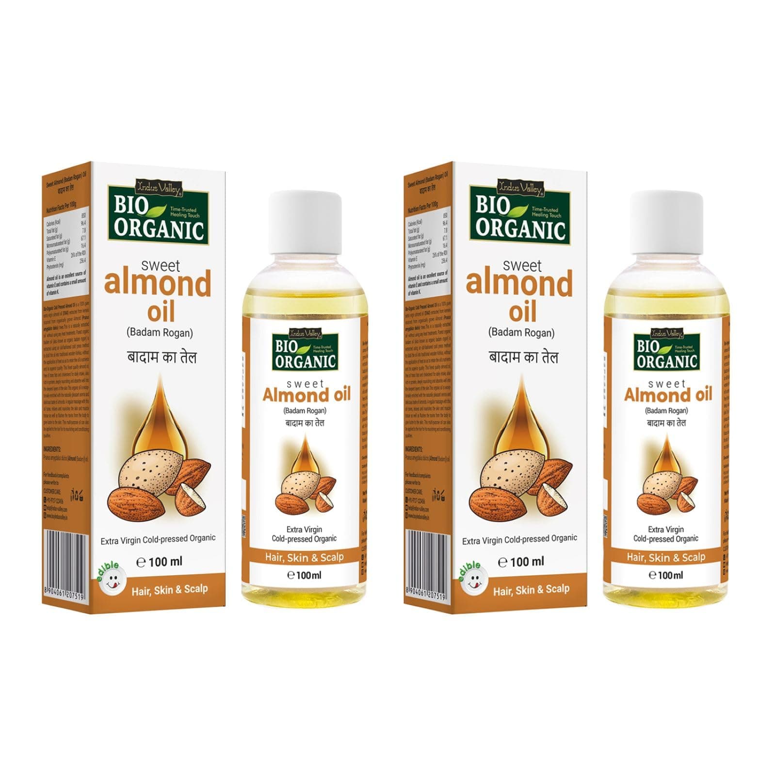 INDUS VALLEY Roghan Badam Sweet Almond Oil for Hair & Skin No Mineral Oil & Sulphate - Set of 2 (100ml*2=200ml)