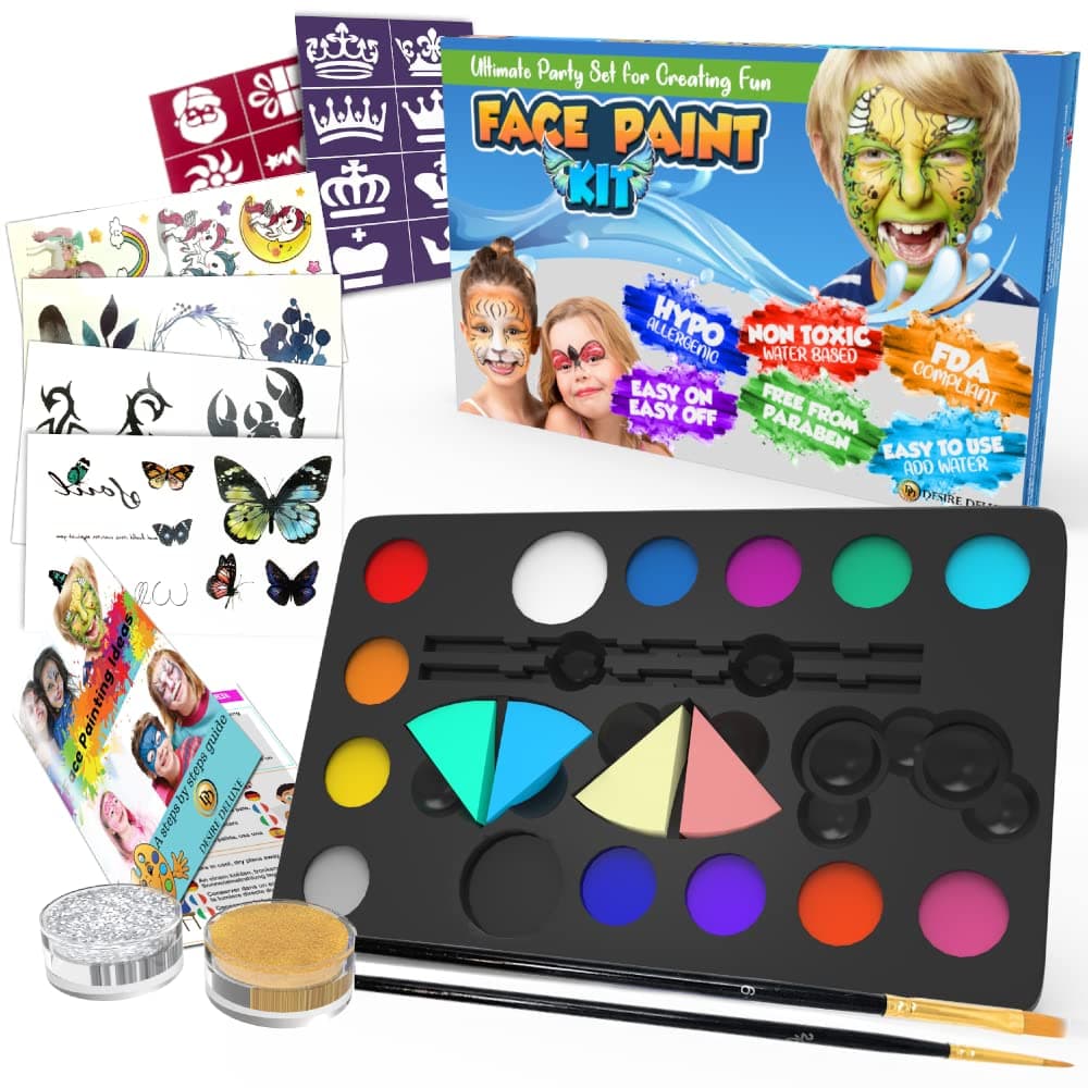 Face Painting Kit for Kids - 16 Colors of Non-Toxic, Easy to Use and Hypoallergenic Makeup Face Paint - Professional Halloween Makeup Kit, Birthday Activities for Kids Party