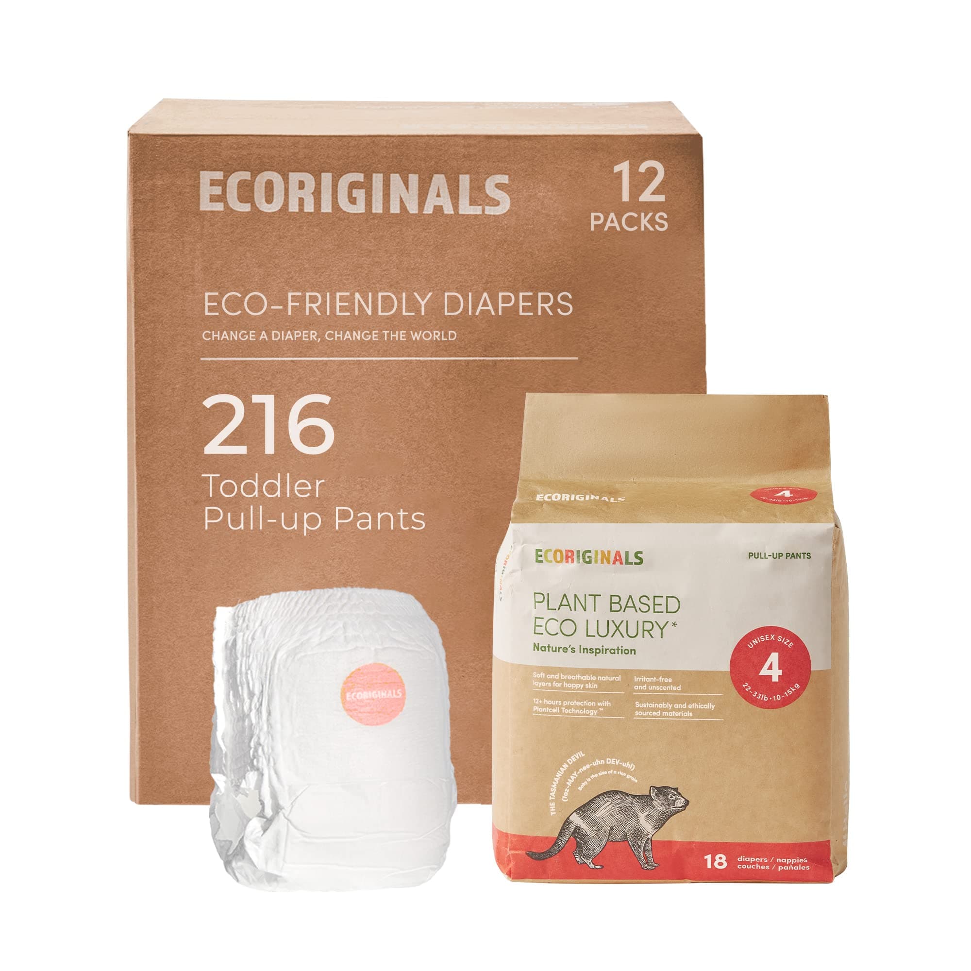 Eco Disposable Training Pants Diapers | Toddler Size 4, 22-30lbs | 12 Pack, 216 Count | Plant-Based, Non-Toxic