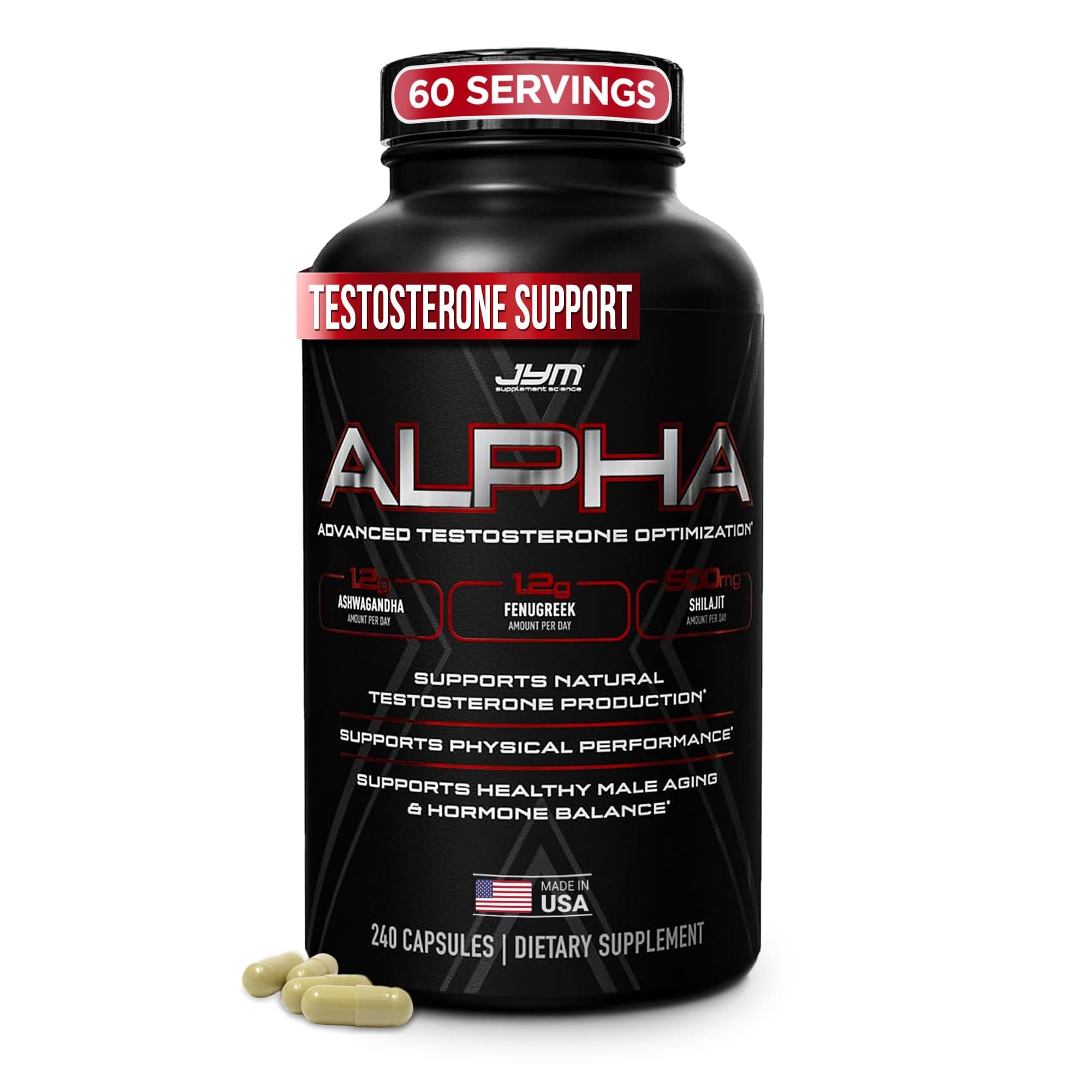 - Alpha JYM X Advanced Testosterone Booster - Vitality, Optimization, DHEA, Ashwagandha, Boron, Shilajit, Fenugreek, Eurycoma, Damiana, Quercetin, DIM, JYM Supplemental Science (240 Capsules)