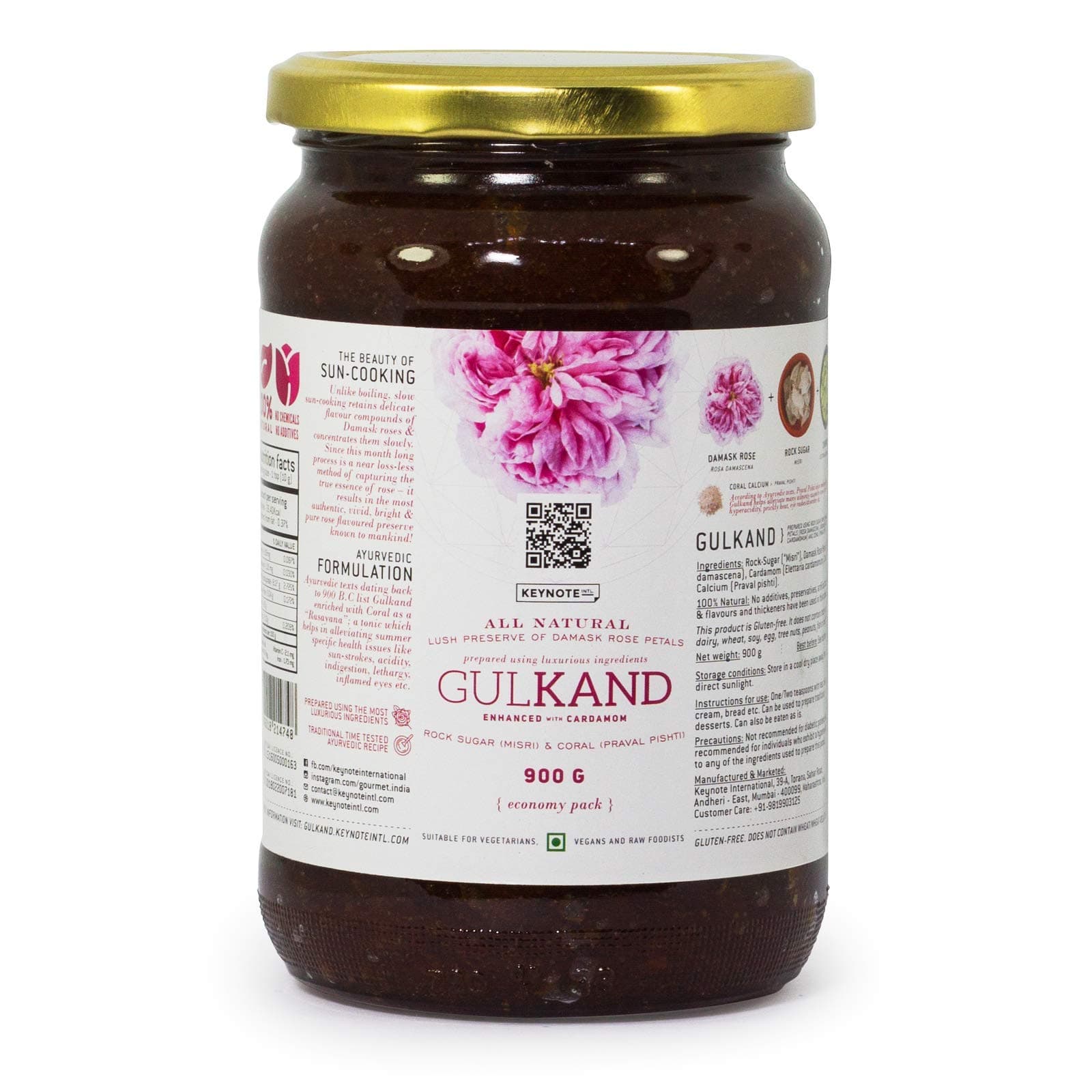 Keynote Gulkand | Export Grade | Sun Cooked | Damask Rose, Misri, Cardamom & Praval | Glass Jar 900 grams