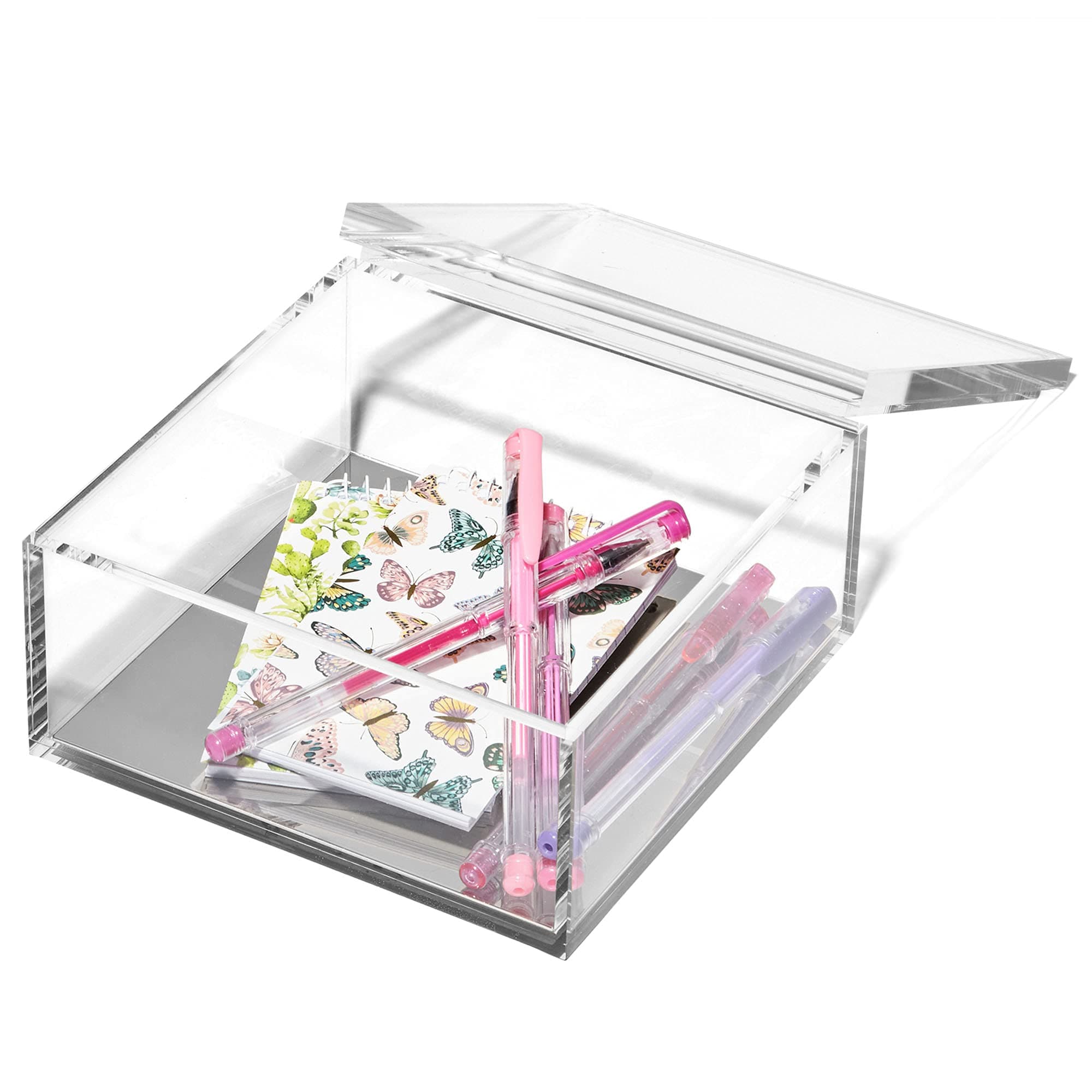 OfficeGoods Acrylic Desk Organizer w/Silver Base – Functional & Elegant Odds & Ends Box for Display or Storage – Perfect for Home or Office, Kitchen, Bathroom Vanity, Curio Display - Extra Large