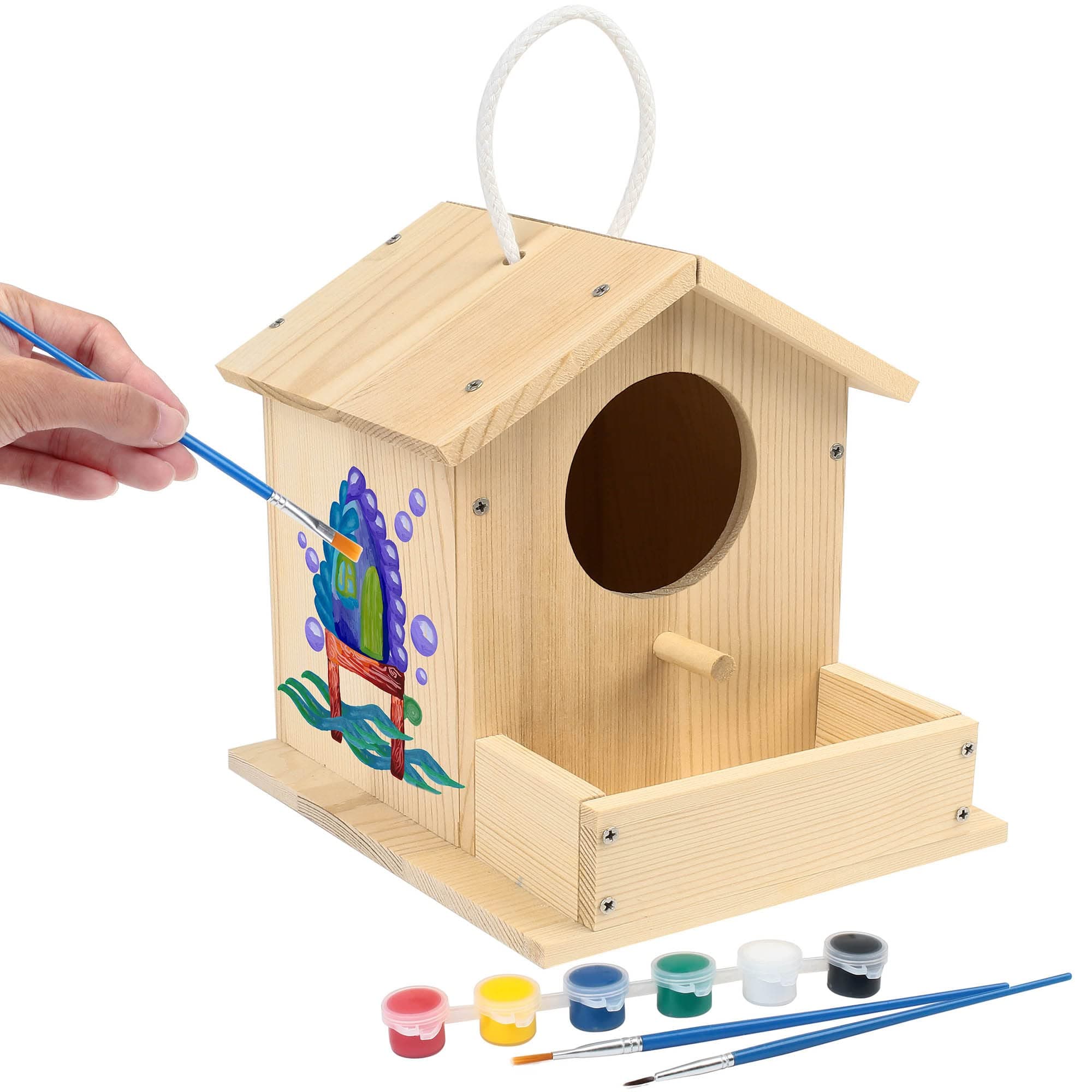 LotFancy Bird House Kit, DIY Wooden Birdhouse Kits, Arts and Crafts Painting Kits for Kids Ages 4+, Build and Paint, Including Paints & Brushes